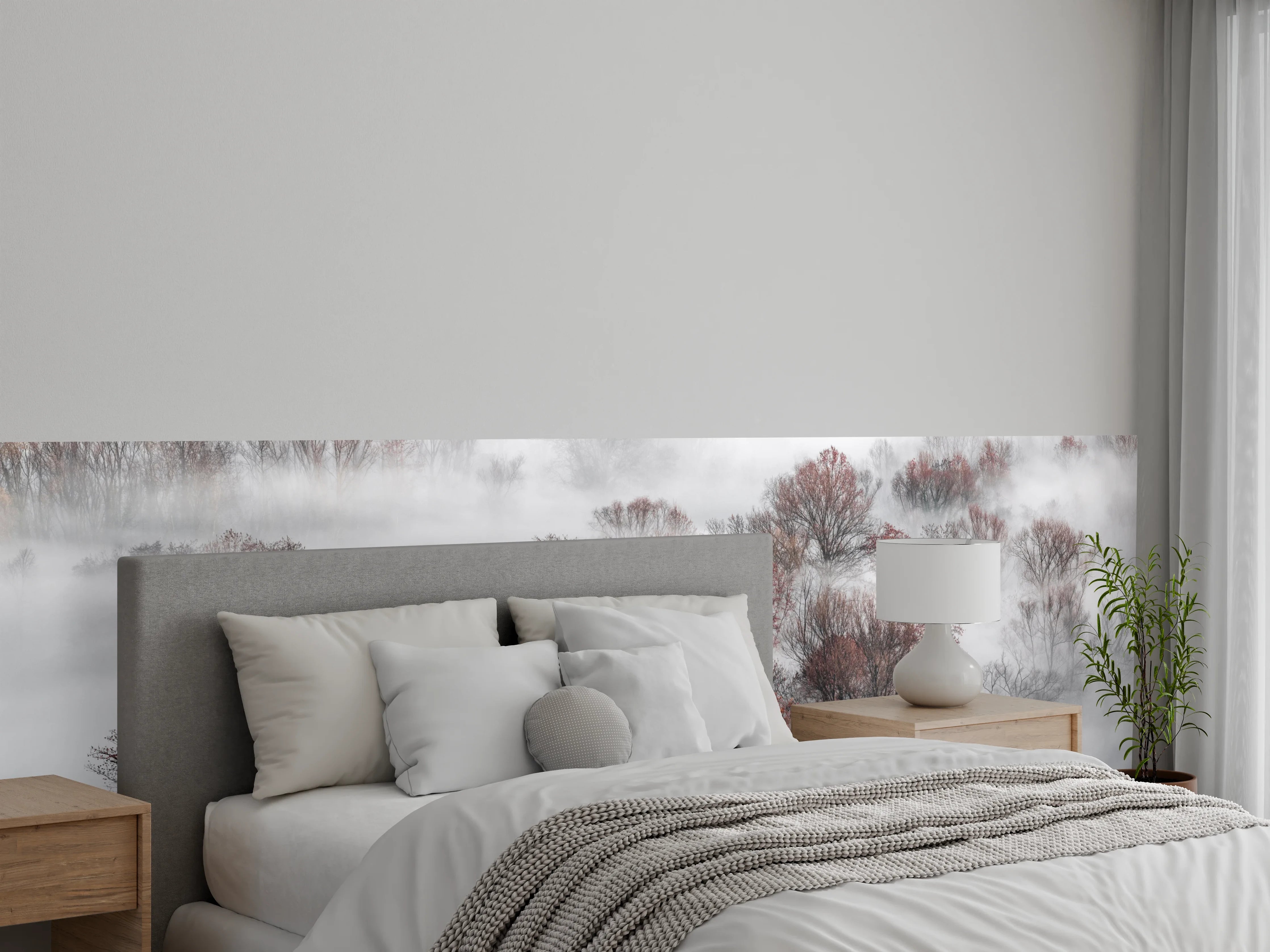 Wandverkleidung Schlafzimmer - Nebelverhangene Bäume in Weiß-Grau