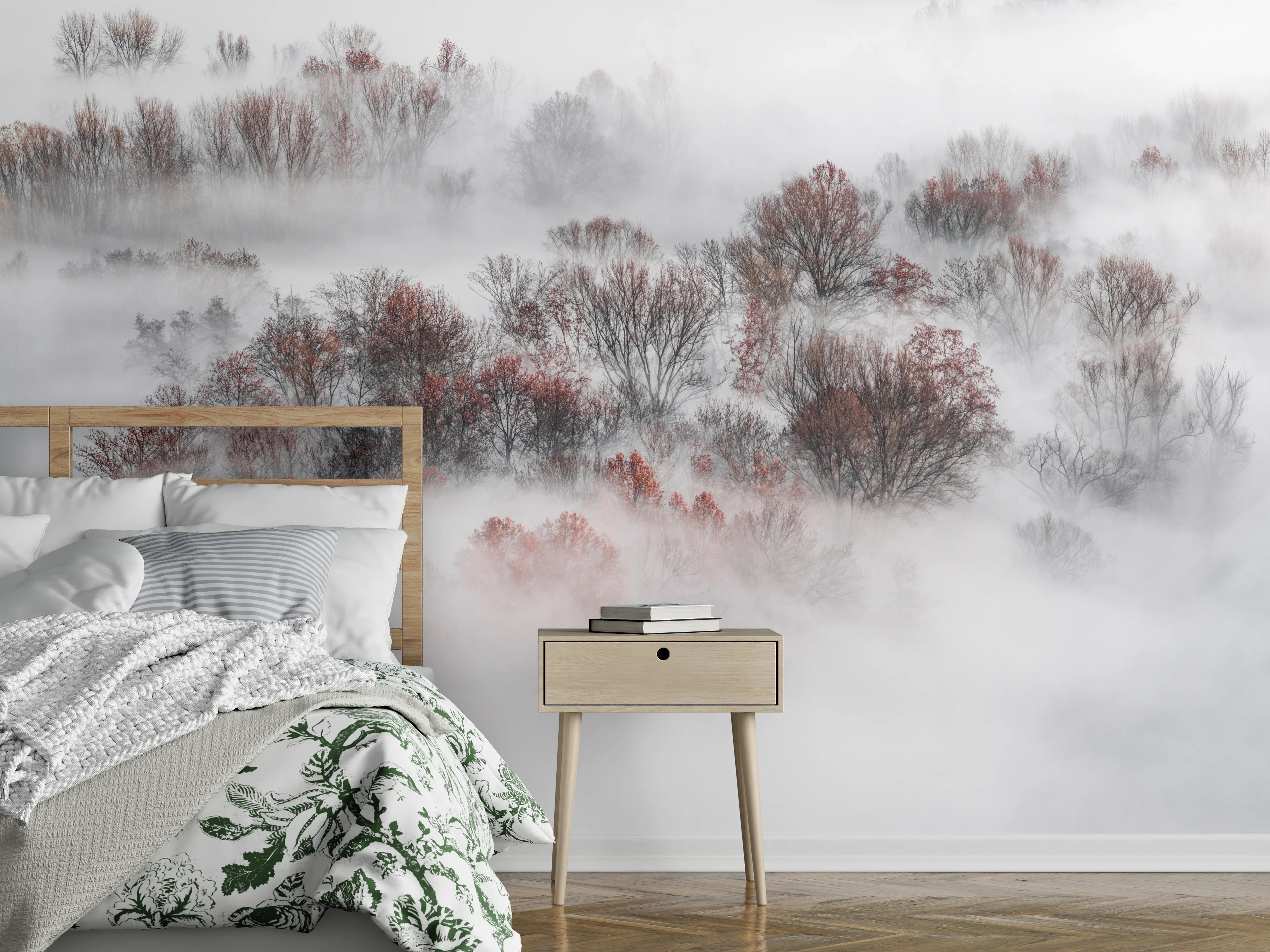 Wandverkleidung Schlafzimmer - Nebelverhangene Bäume in Weiß-Grau