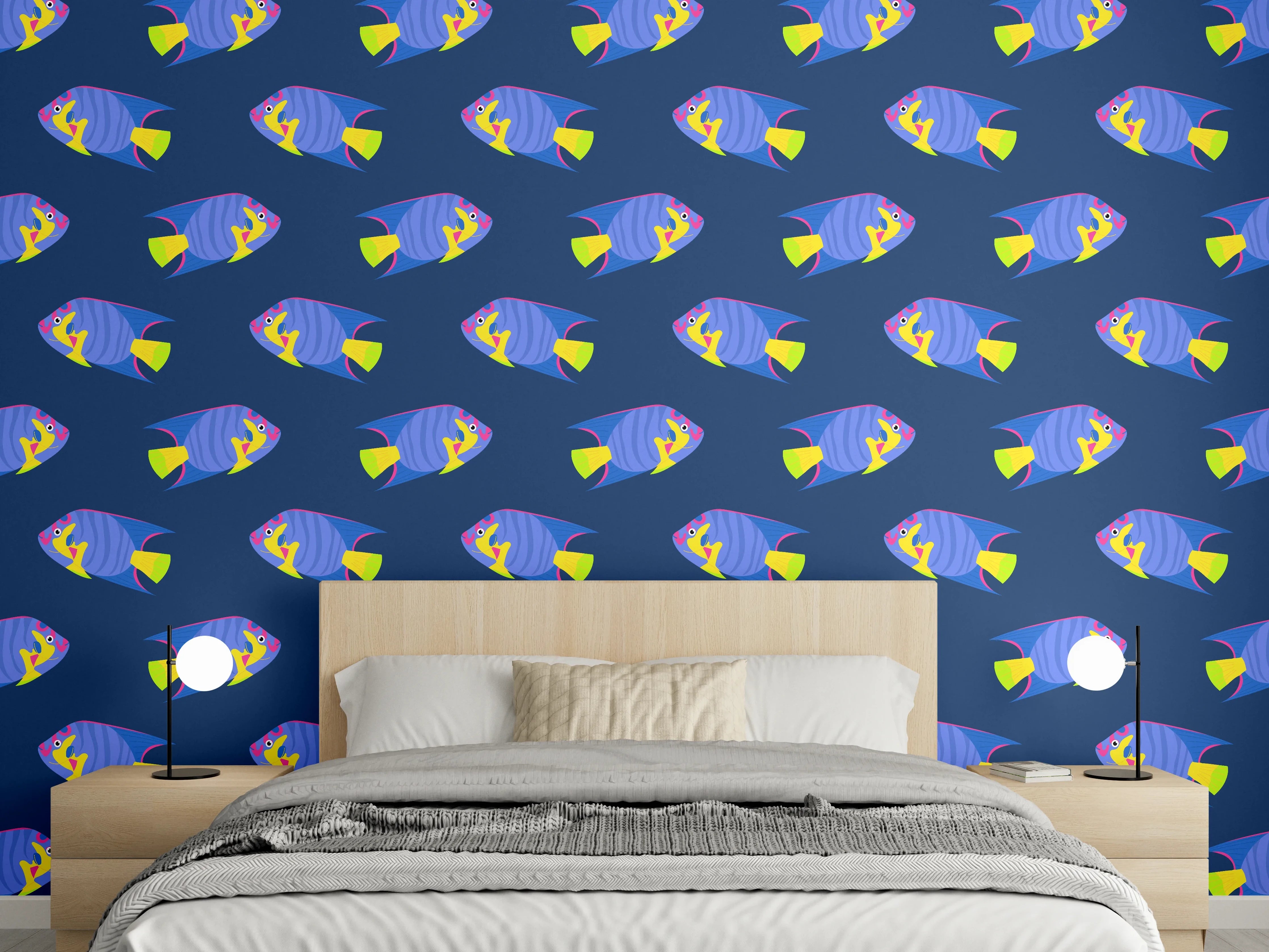 Wandverkleidung Schlafzimmer - Neon-Fische Blau-Gelb Muster