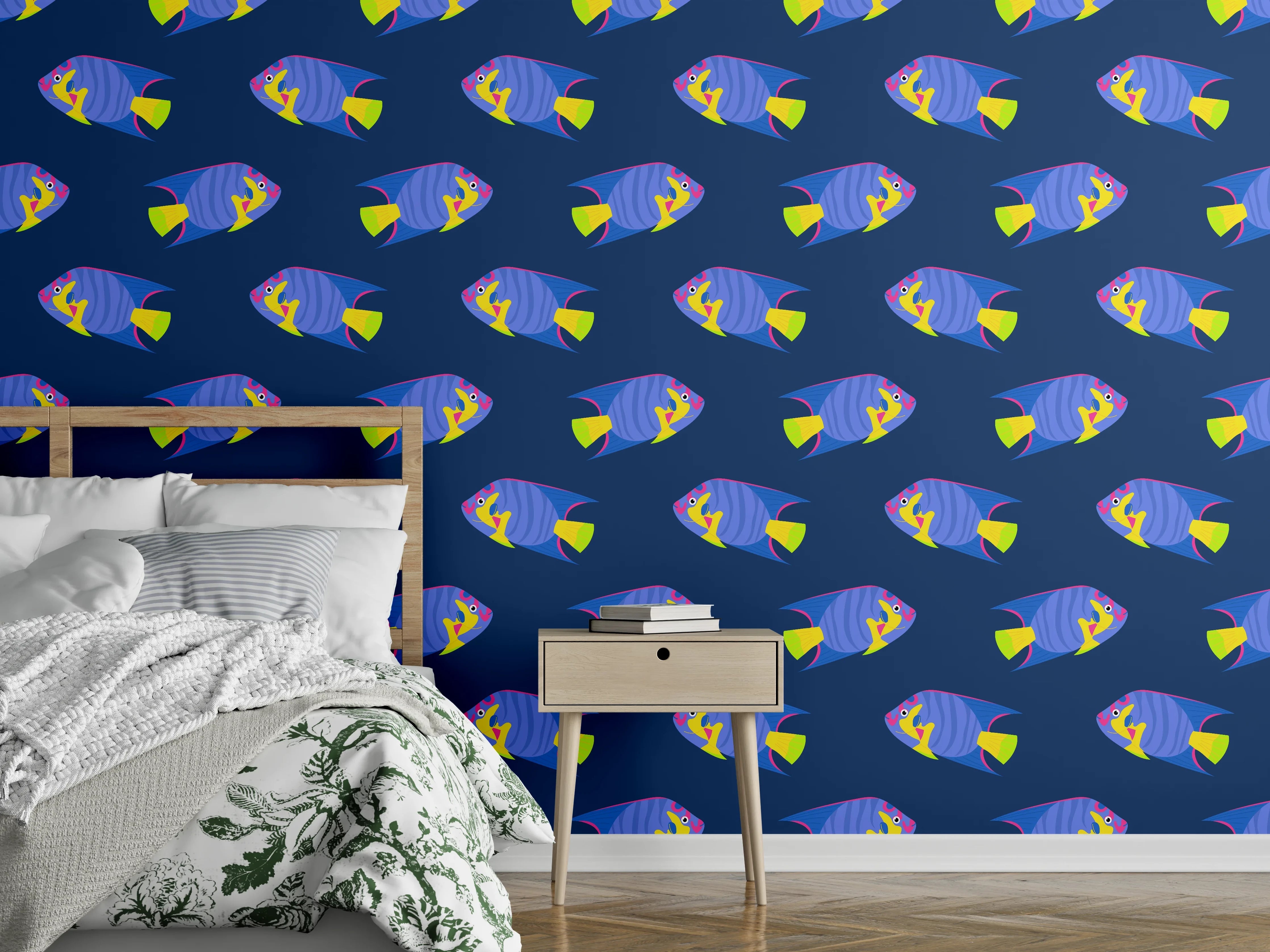 Wandverkleidung Schlafzimmer - Neon-Fische Blau-Gelb Muster