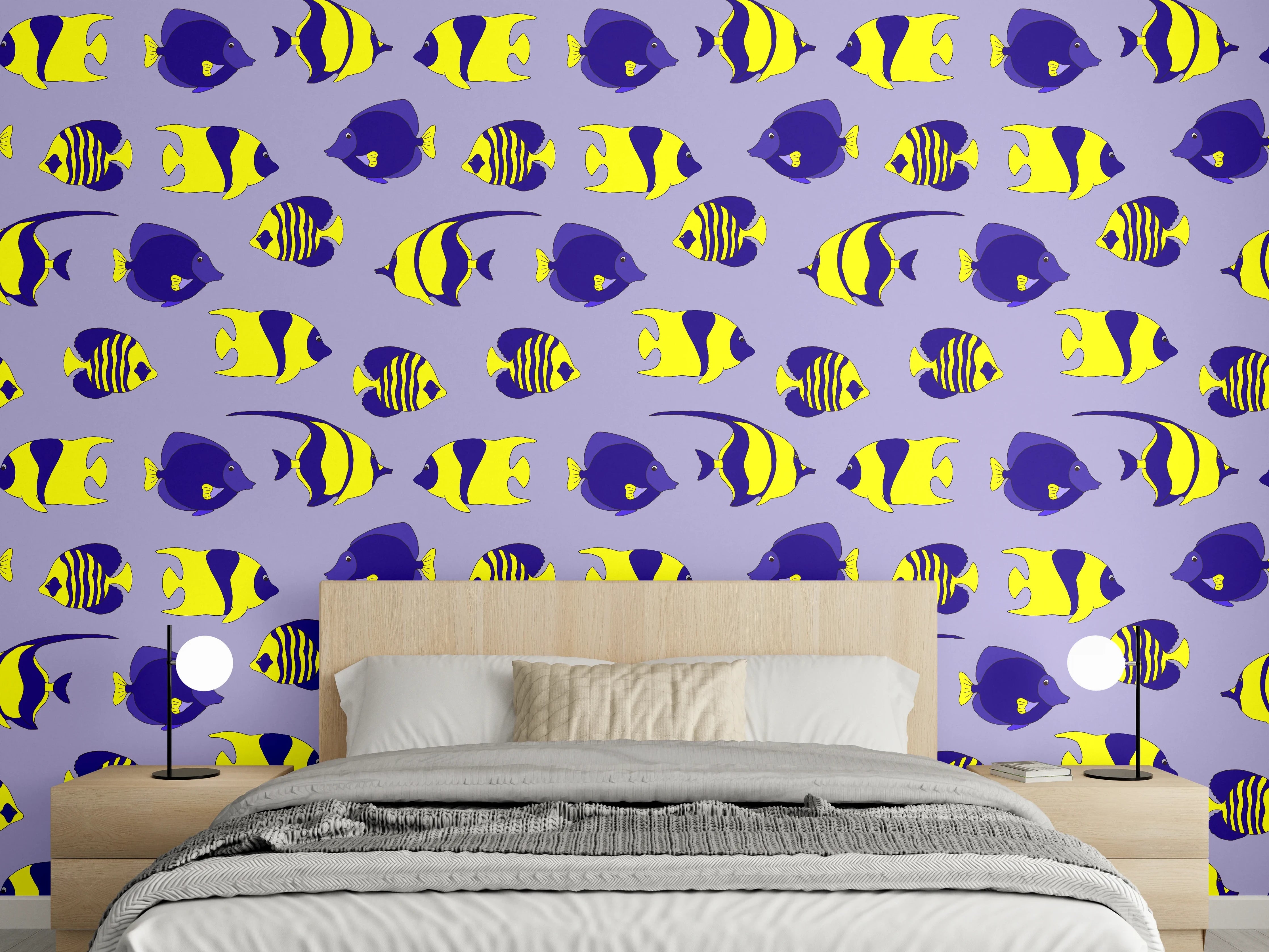 Wandverkleidung Schlafzimmer - Neon-Fische Gelb-Blau Muster
