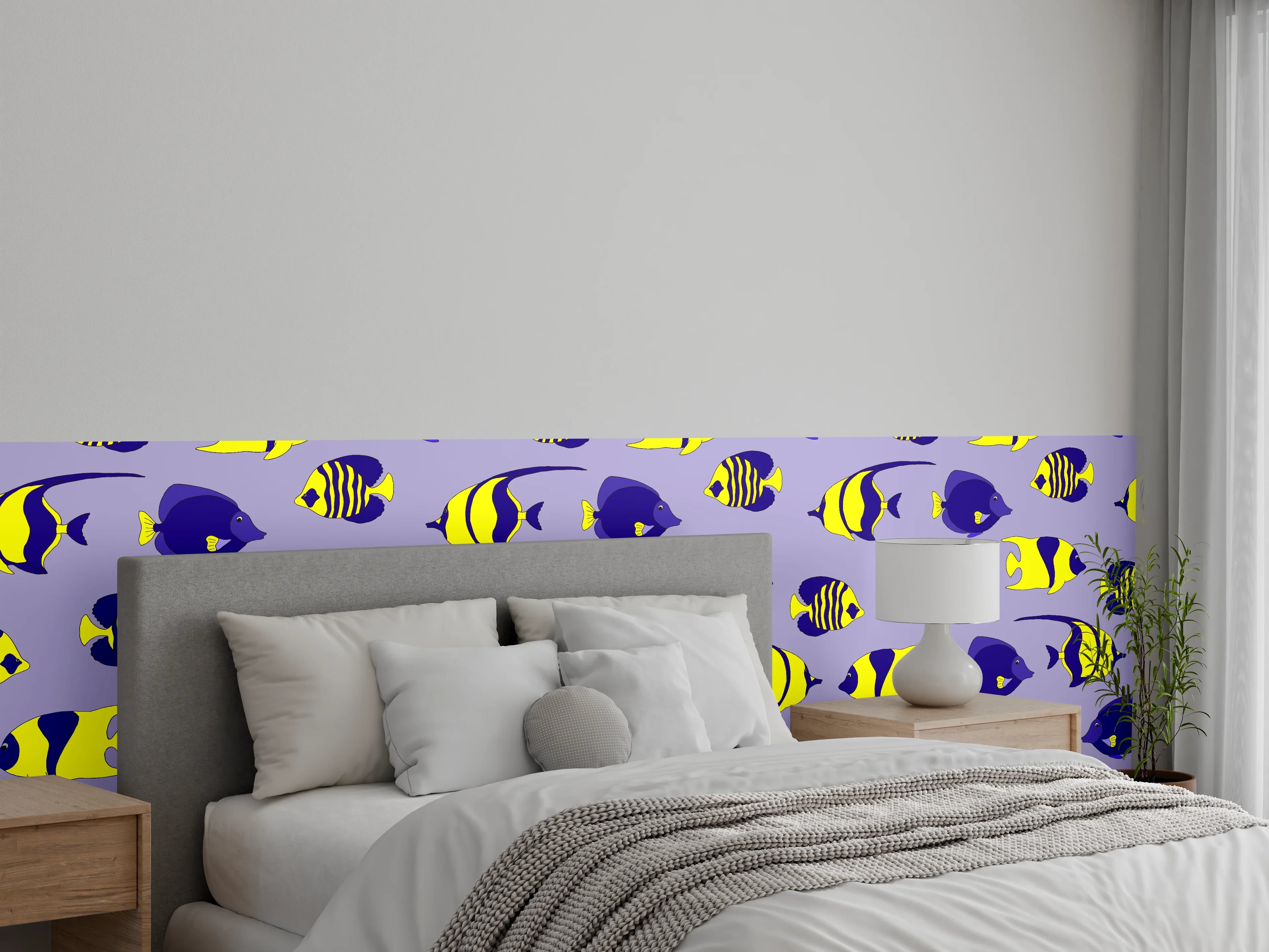 Wandverkleidung Schlafzimmer - Neon-Fische Gelb-Blau Muster