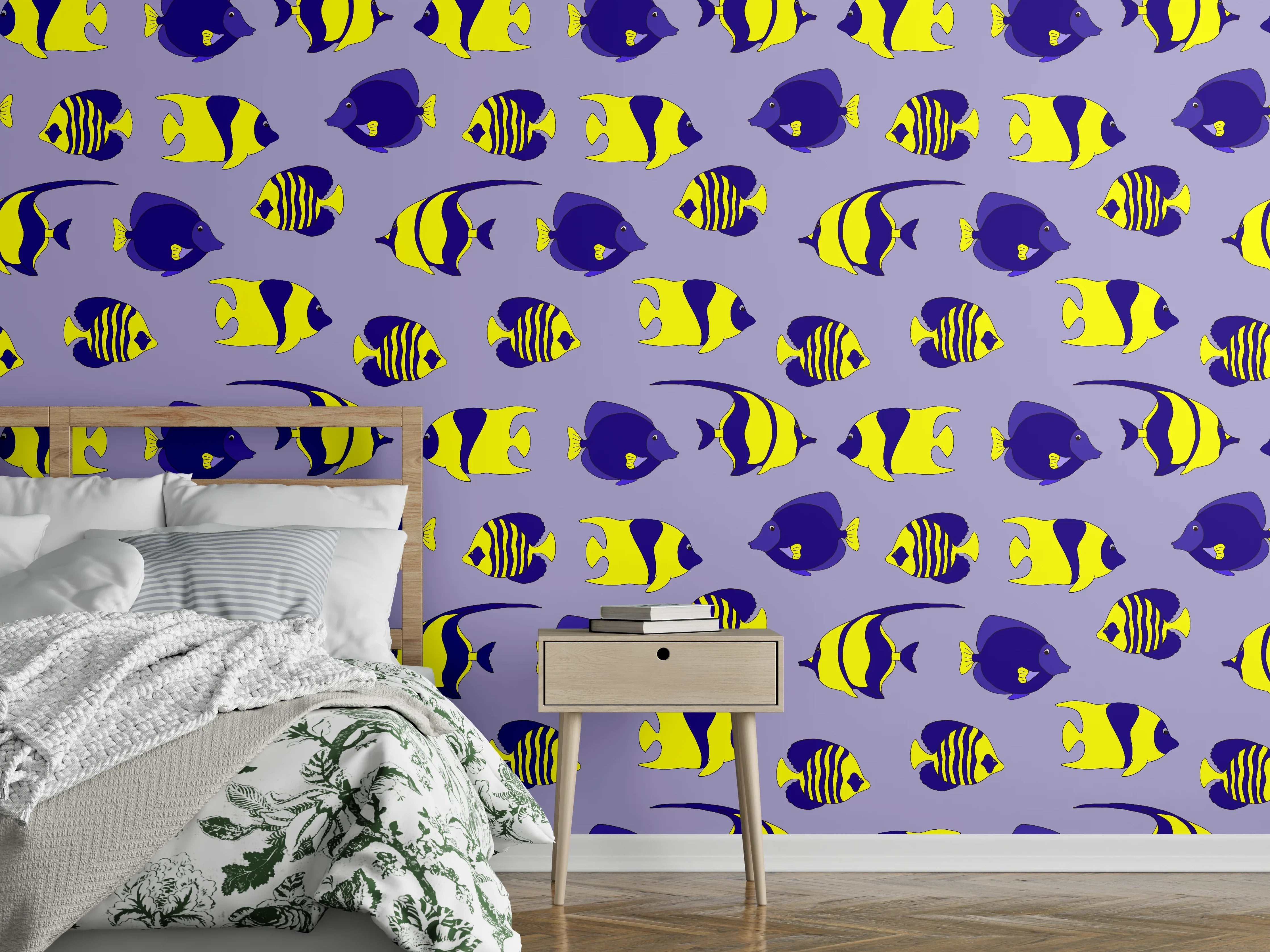 Wandverkleidung Schlafzimmer - Neon-Fische Gelb-Blau Muster