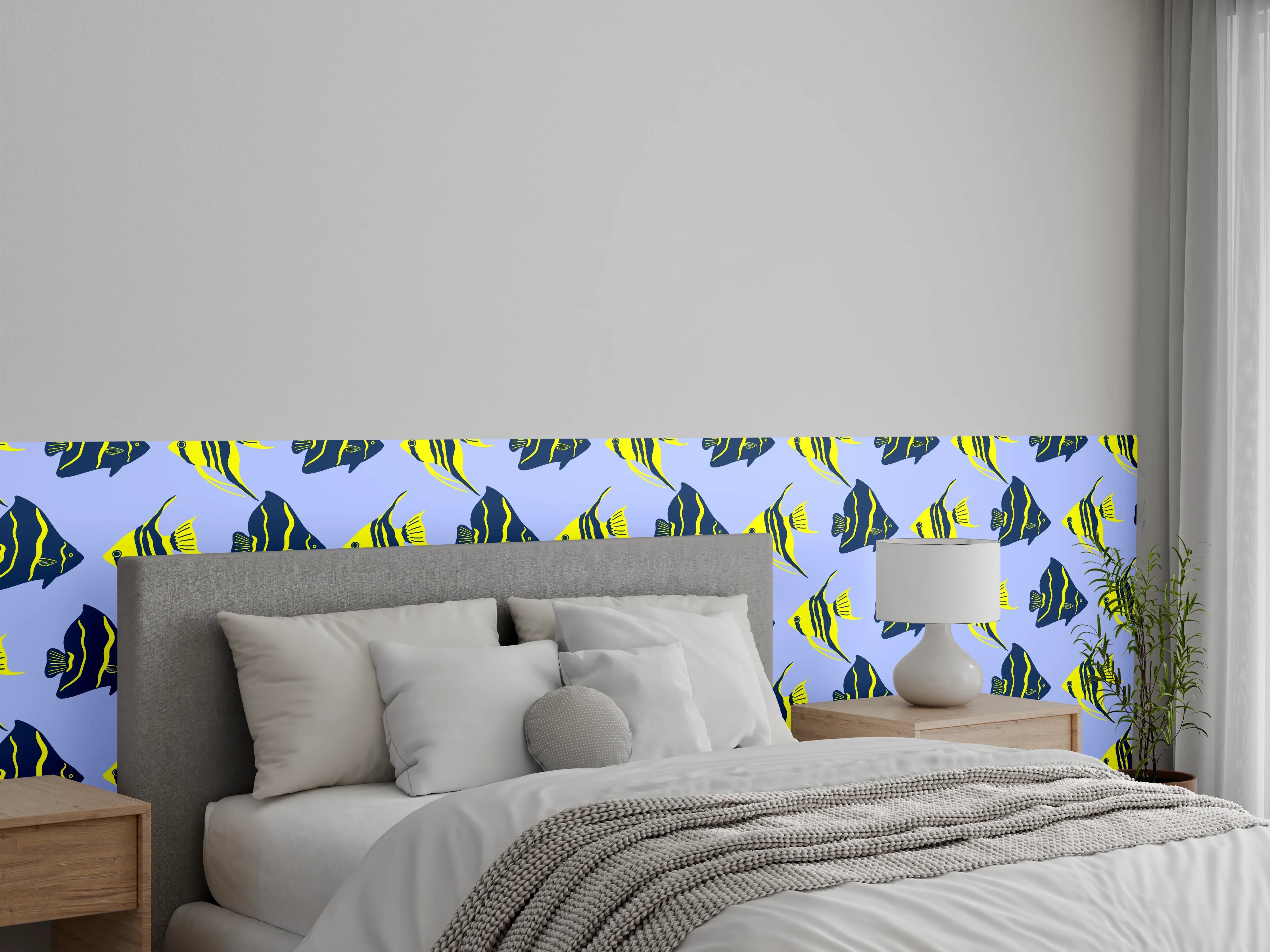 Wandverkleidung Schlafzimmer - Neon-Fischmuster Blau Gelb