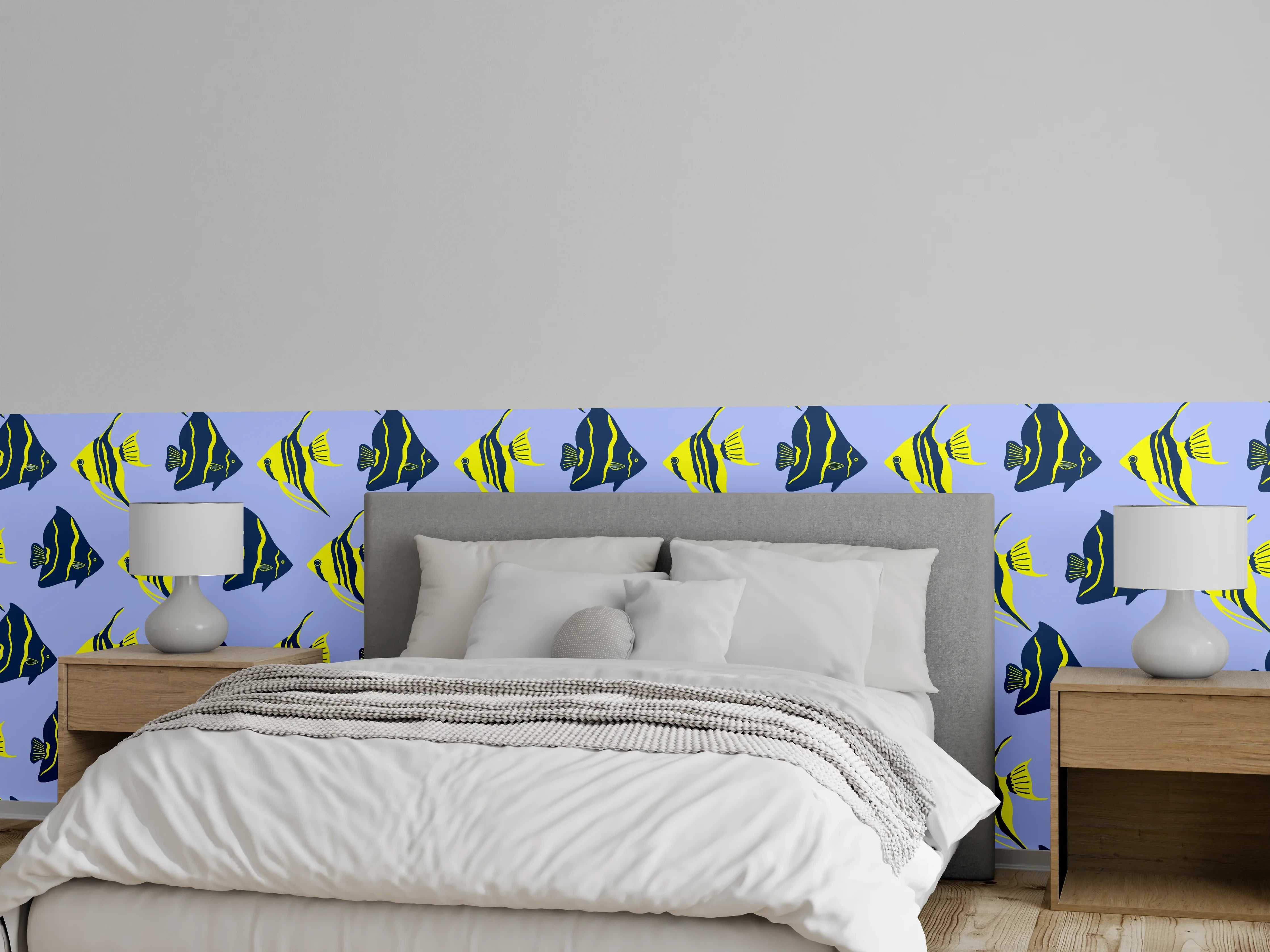 Wandverkleidung Schlafzimmer - Neon-Fischmuster Blau Gelb
