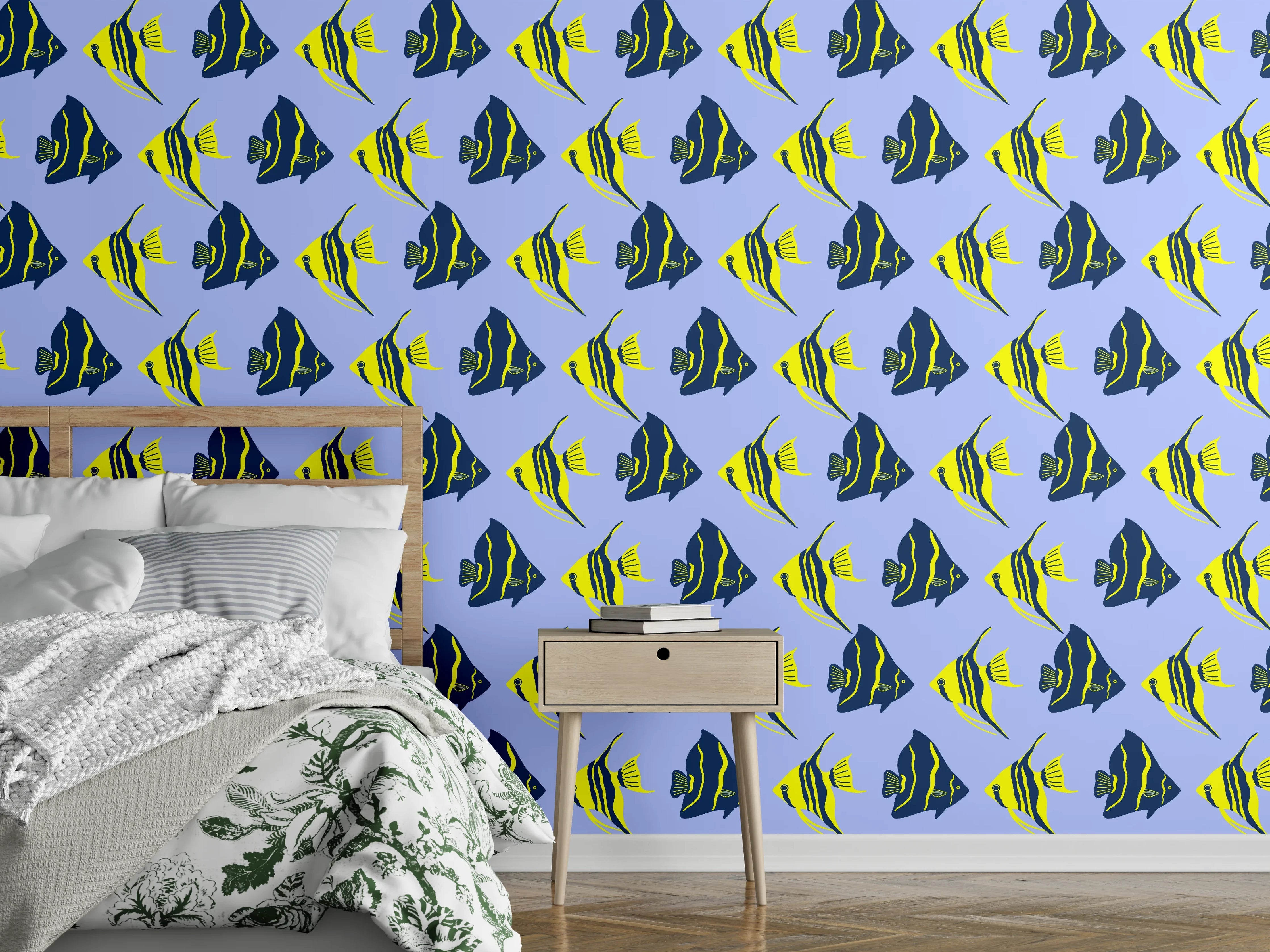 Wandverkleidung Schlafzimmer - Neon-Fischmuster Blau Gelb