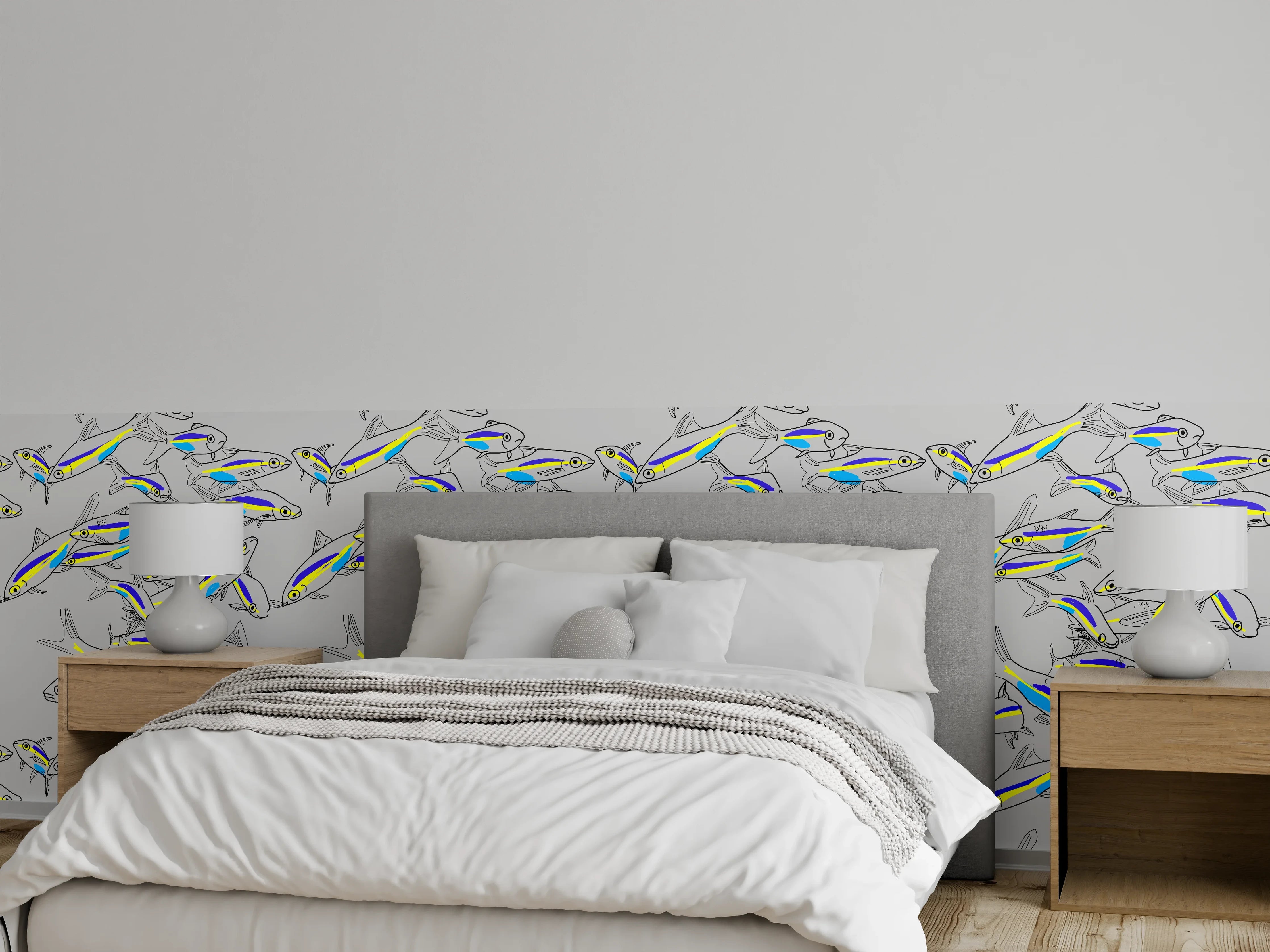 Wandverkleidung Schlafzimmer - Neon-Fischmuster Türkis Gelb