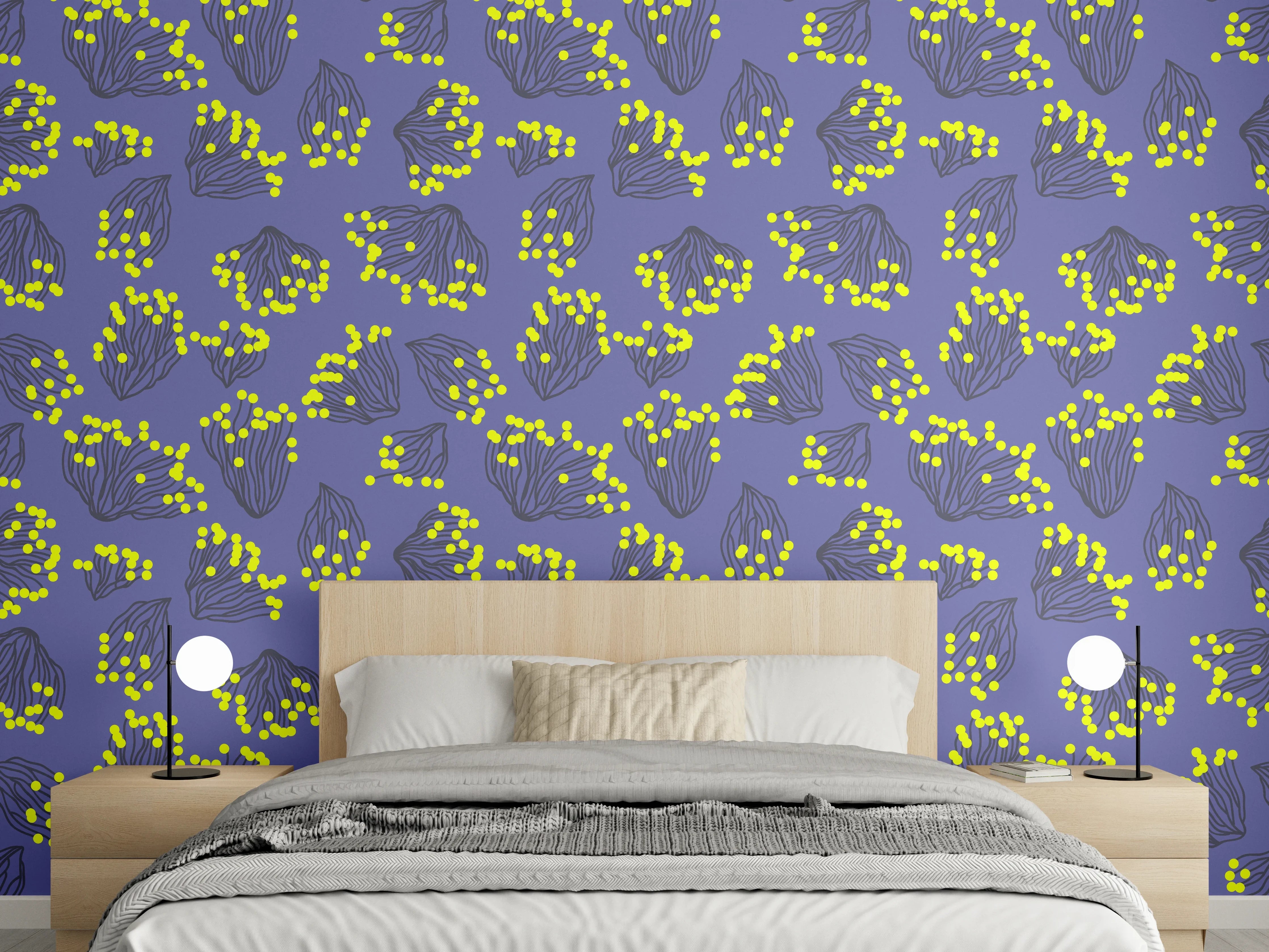 Wandverkleidung Schlafzimmer - Neon-Korallen Lila-Gelb Muster