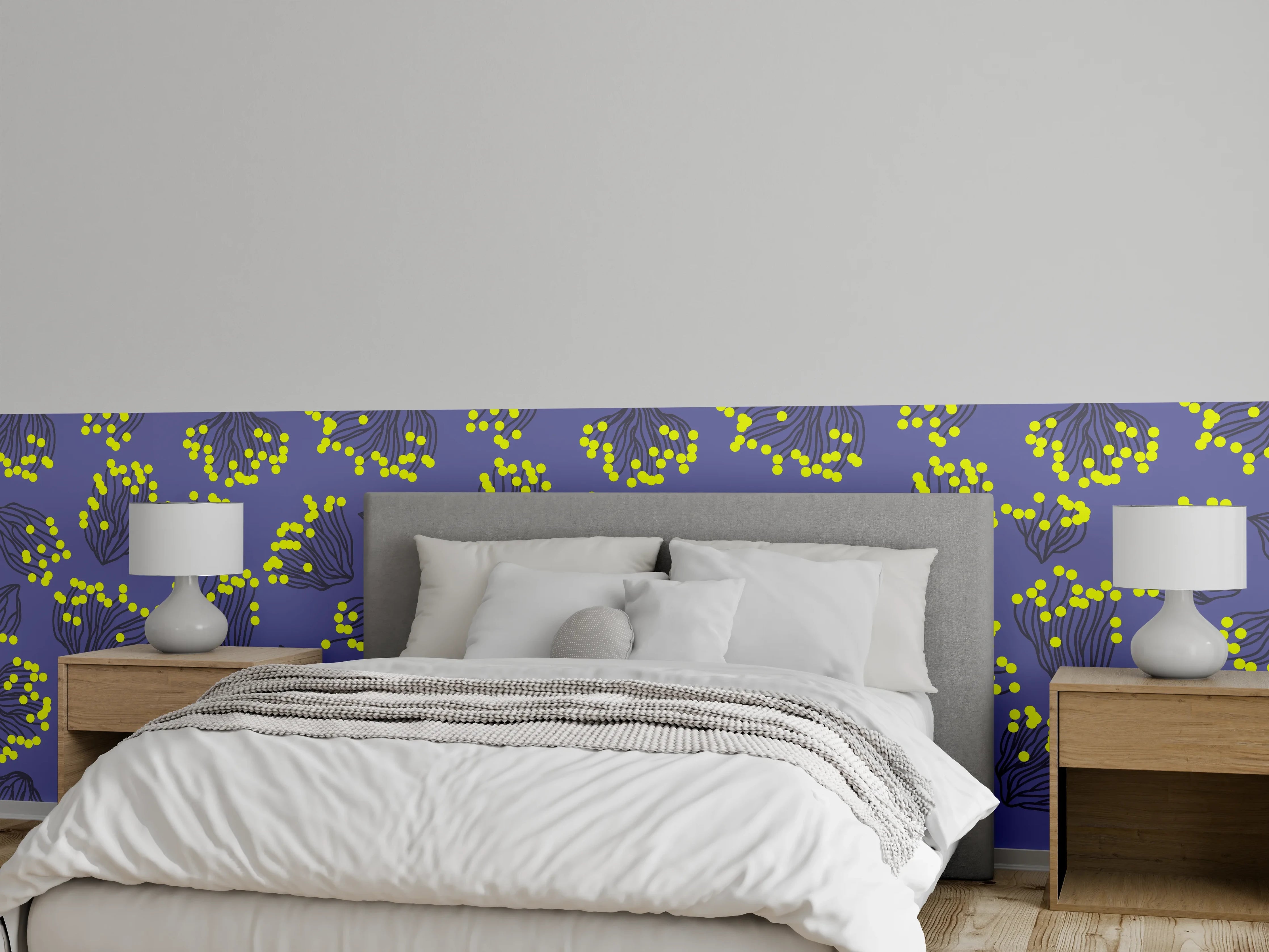 Wandverkleidung Schlafzimmer - Neon-Korallen Lila-Gelb Muster