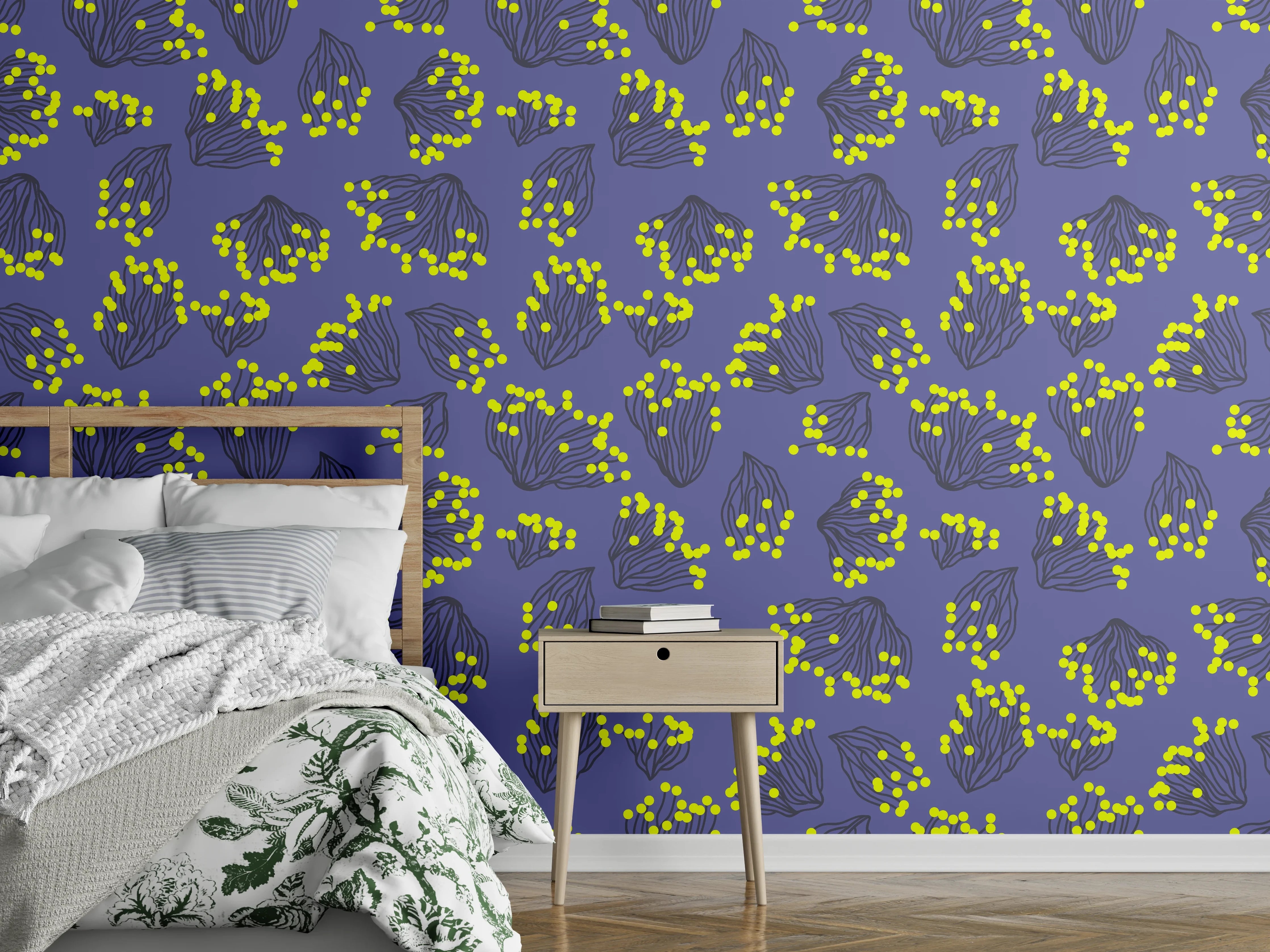 Wandverkleidung Schlafzimmer - Neon-Korallen Lila-Gelb Muster