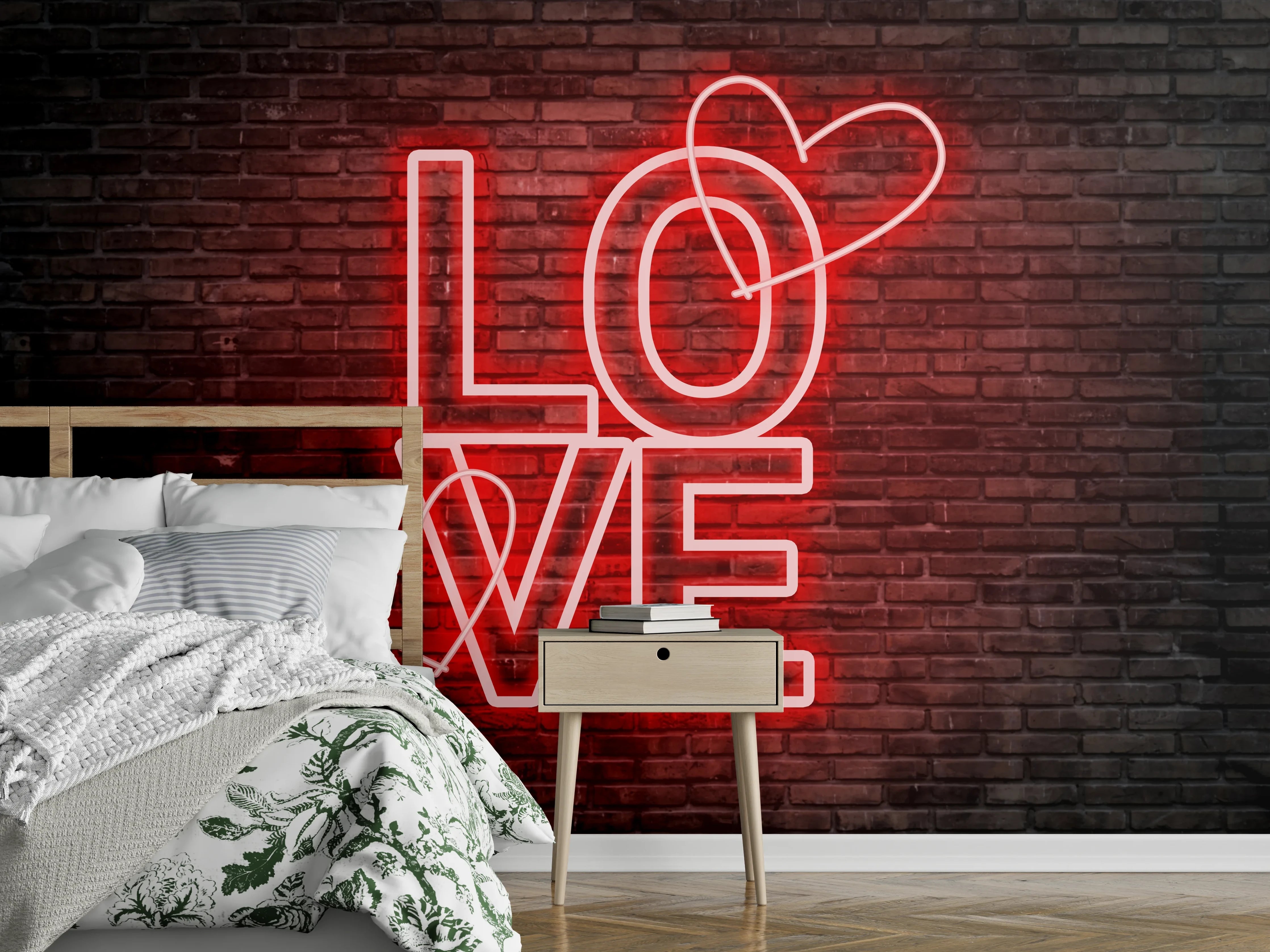 Wandverkleidung Schlafzimmer - Neon Love Schriftzug auf Ziegelwand