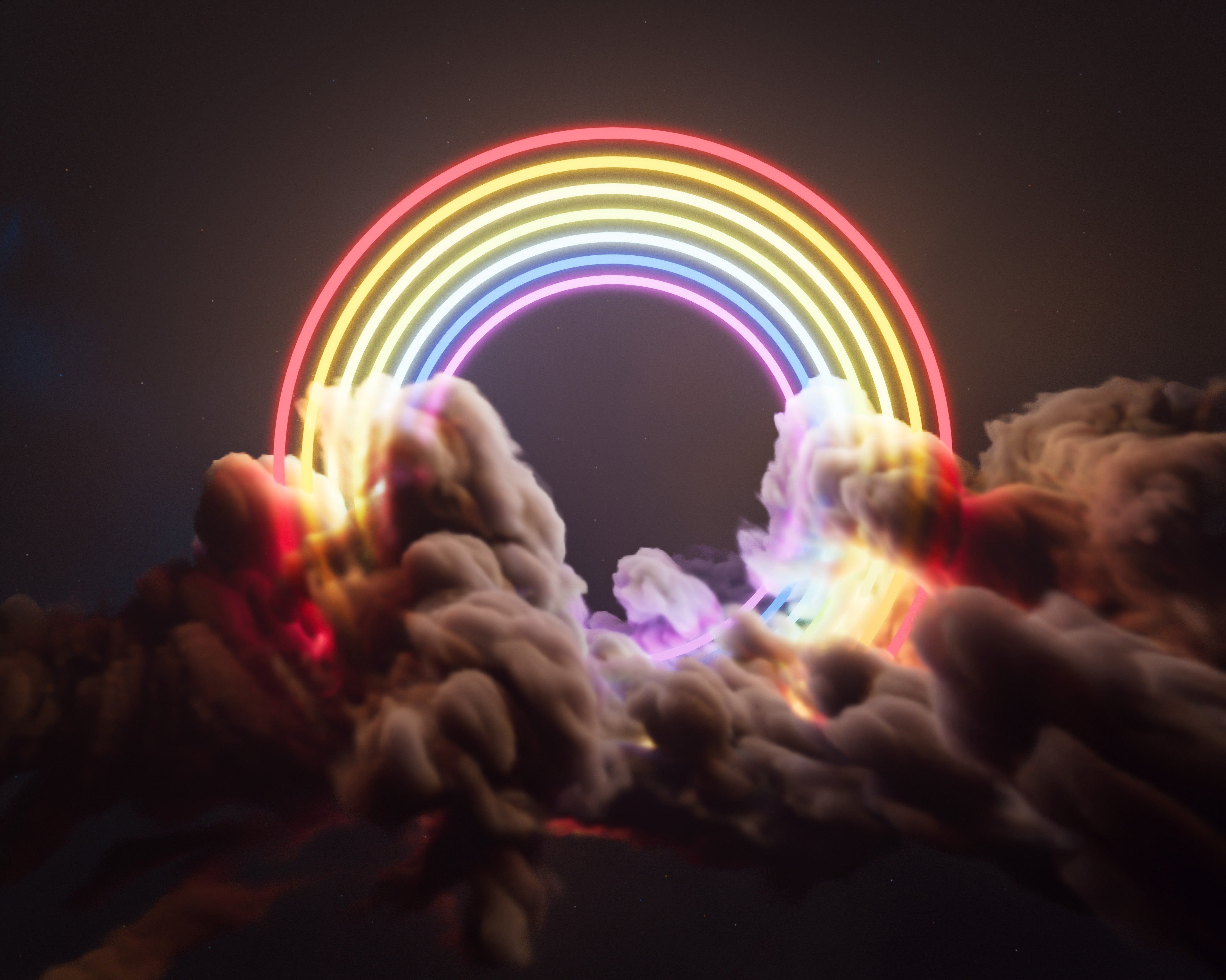 Wandverkleidung Schlafzimmer-Neon-Regenbogen über dunklen Wolken