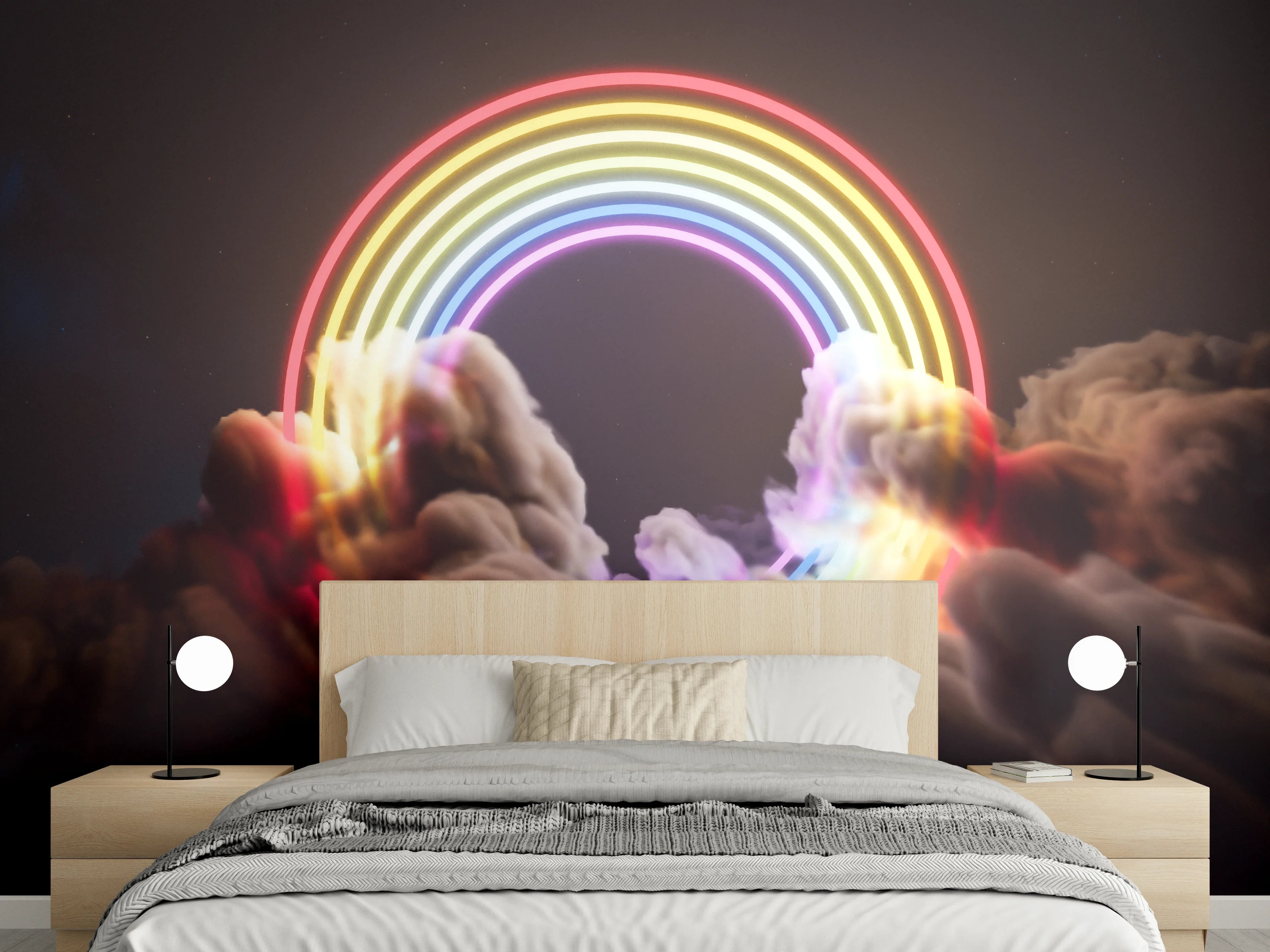 Wandverkleidung Schlafzimmer - Neon-Regenbogen über dunklen Wolken