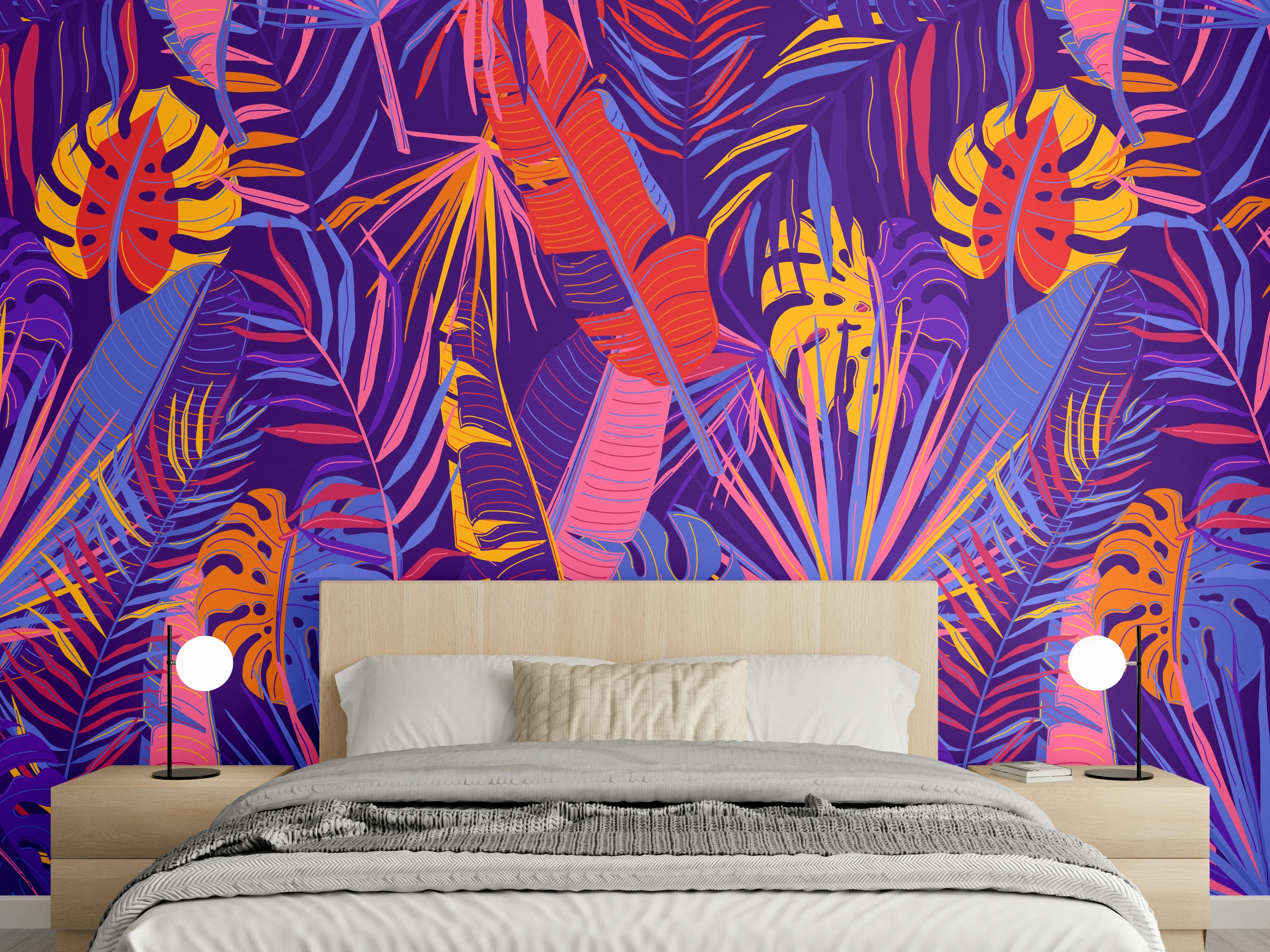 Wandverkleidung Schlafzimmer - Neon Tropenblätter Muster