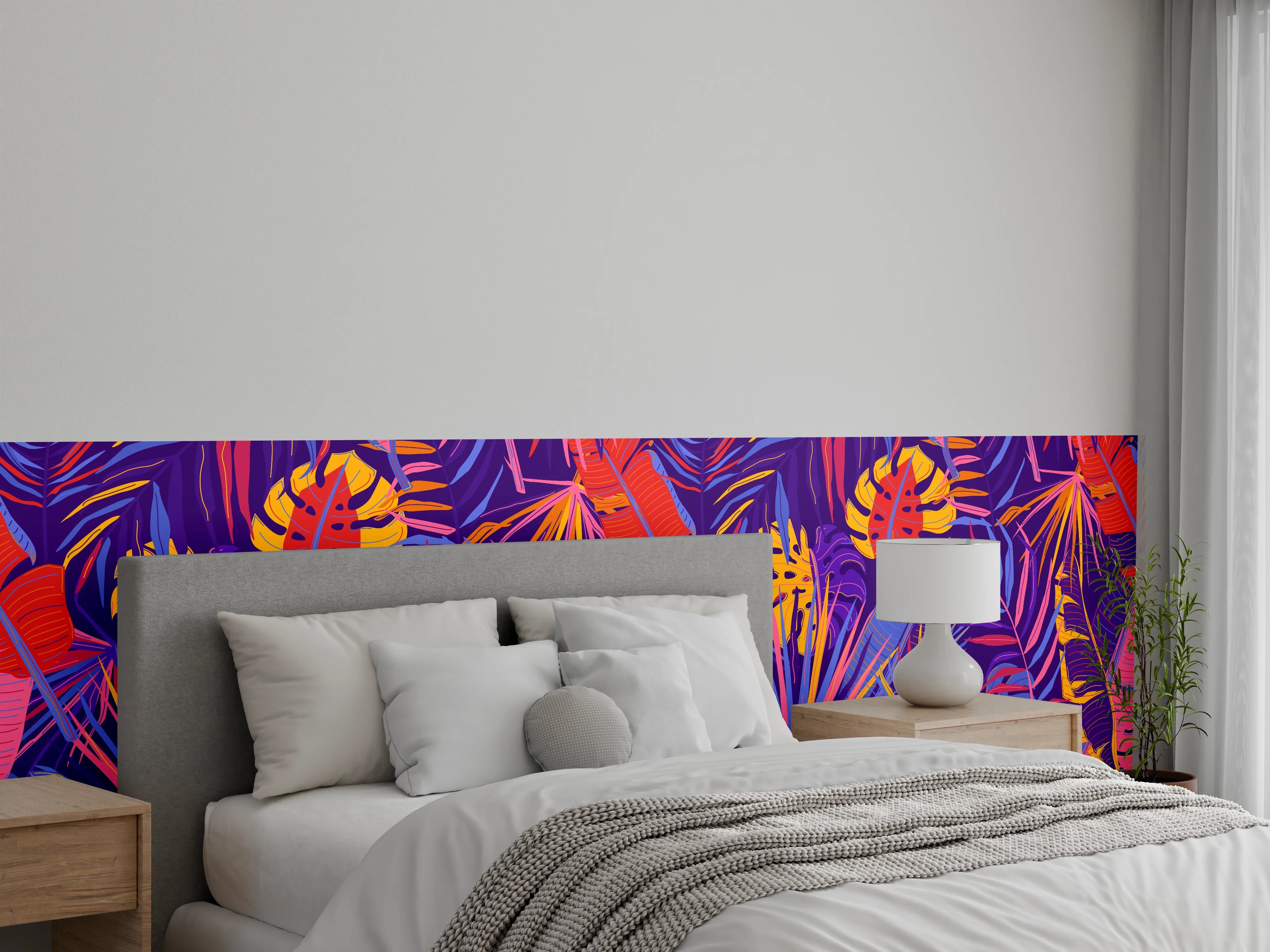 Wandverkleidung Schlafzimmer - Neon Tropenblätter Muster
