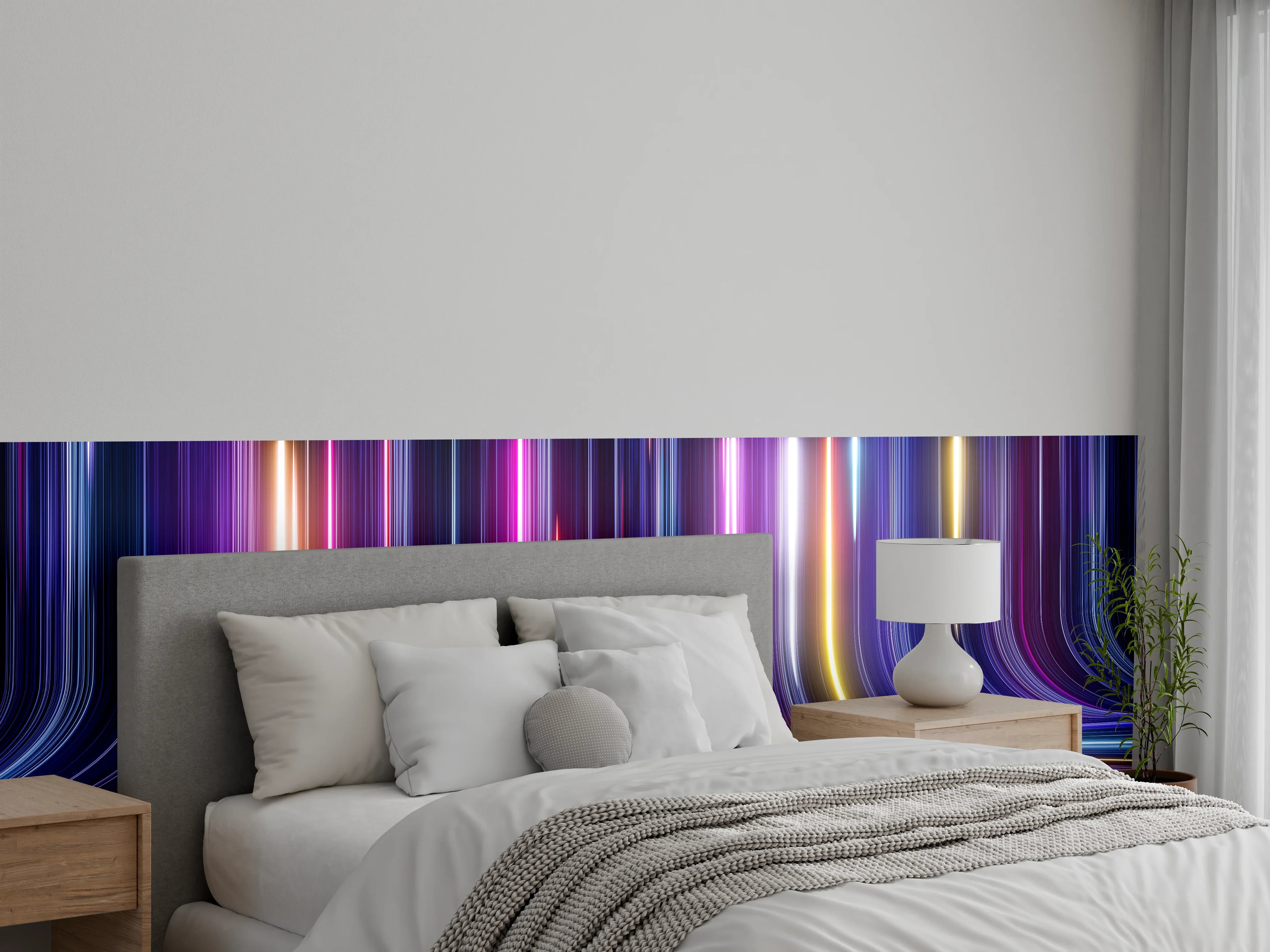 Wandverkleidung Schlafzimmer - Neonlicht Streifen: Futuristisches Linienmuster