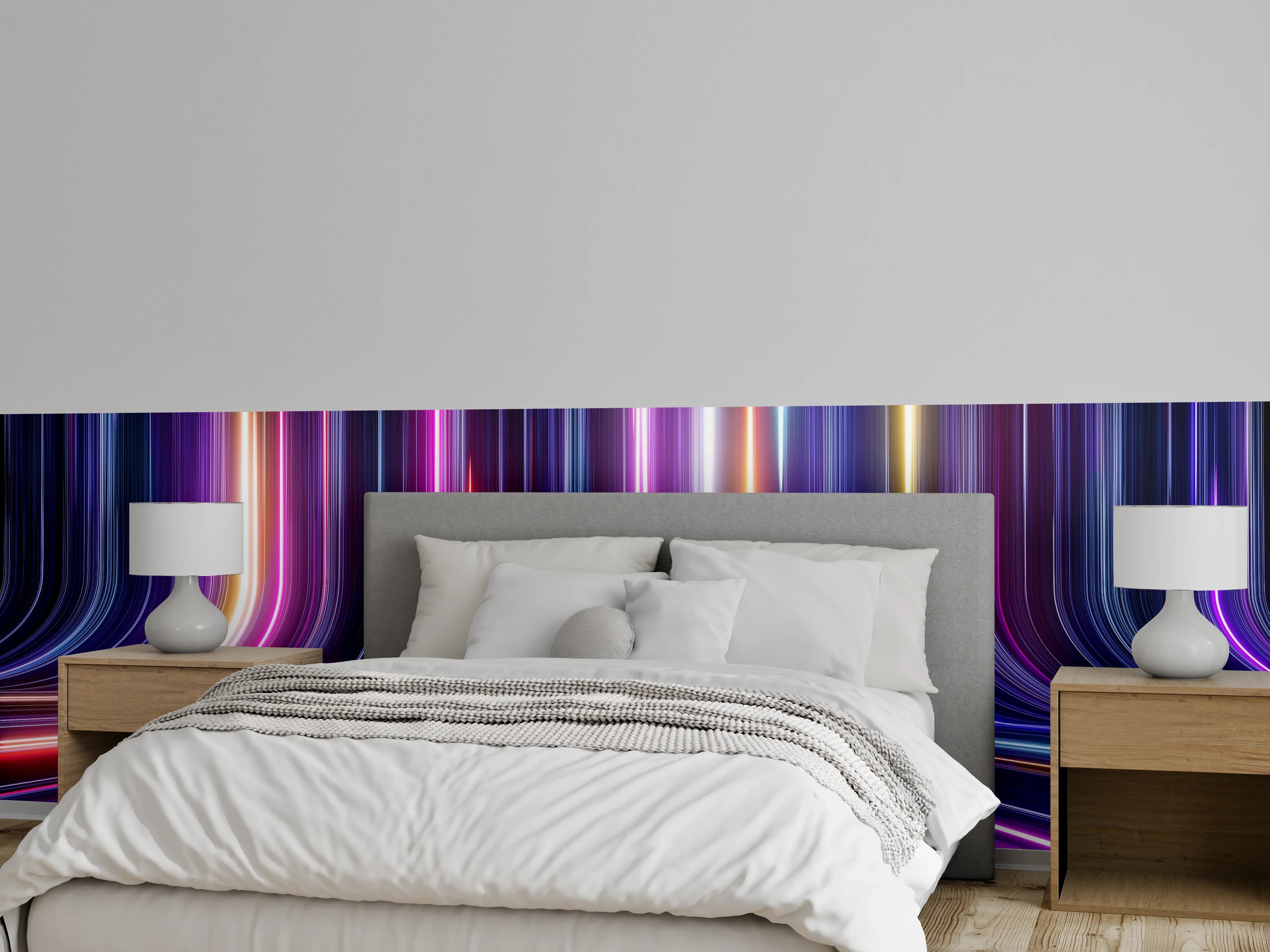 Wandverkleidung Schlafzimmer - Neonlicht Streifen: Futuristisches Linienmuster