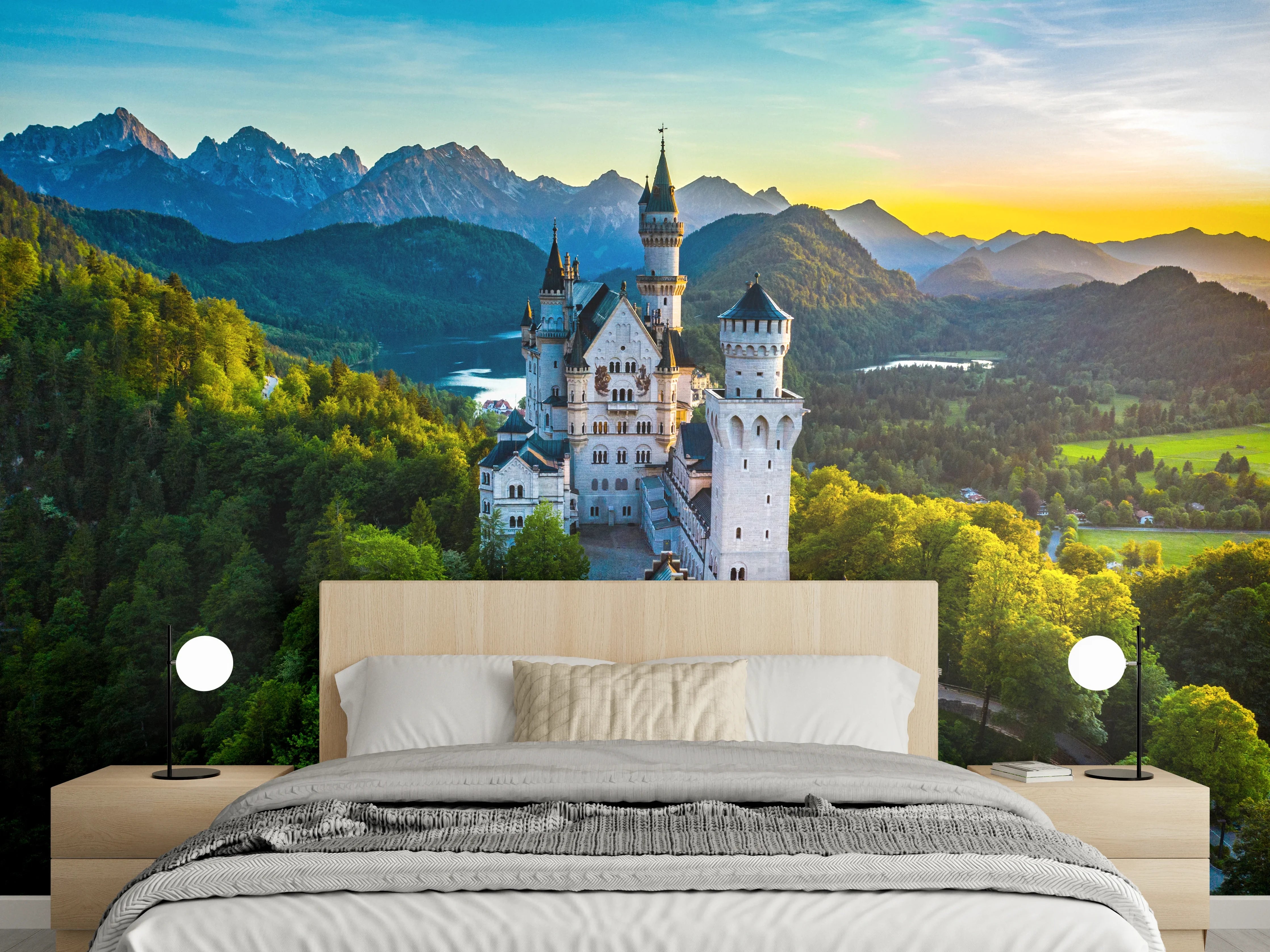 Wandverkleidung Schlafzimmer - Neuschwanstein Schloss Alpen Sonnenaufgang