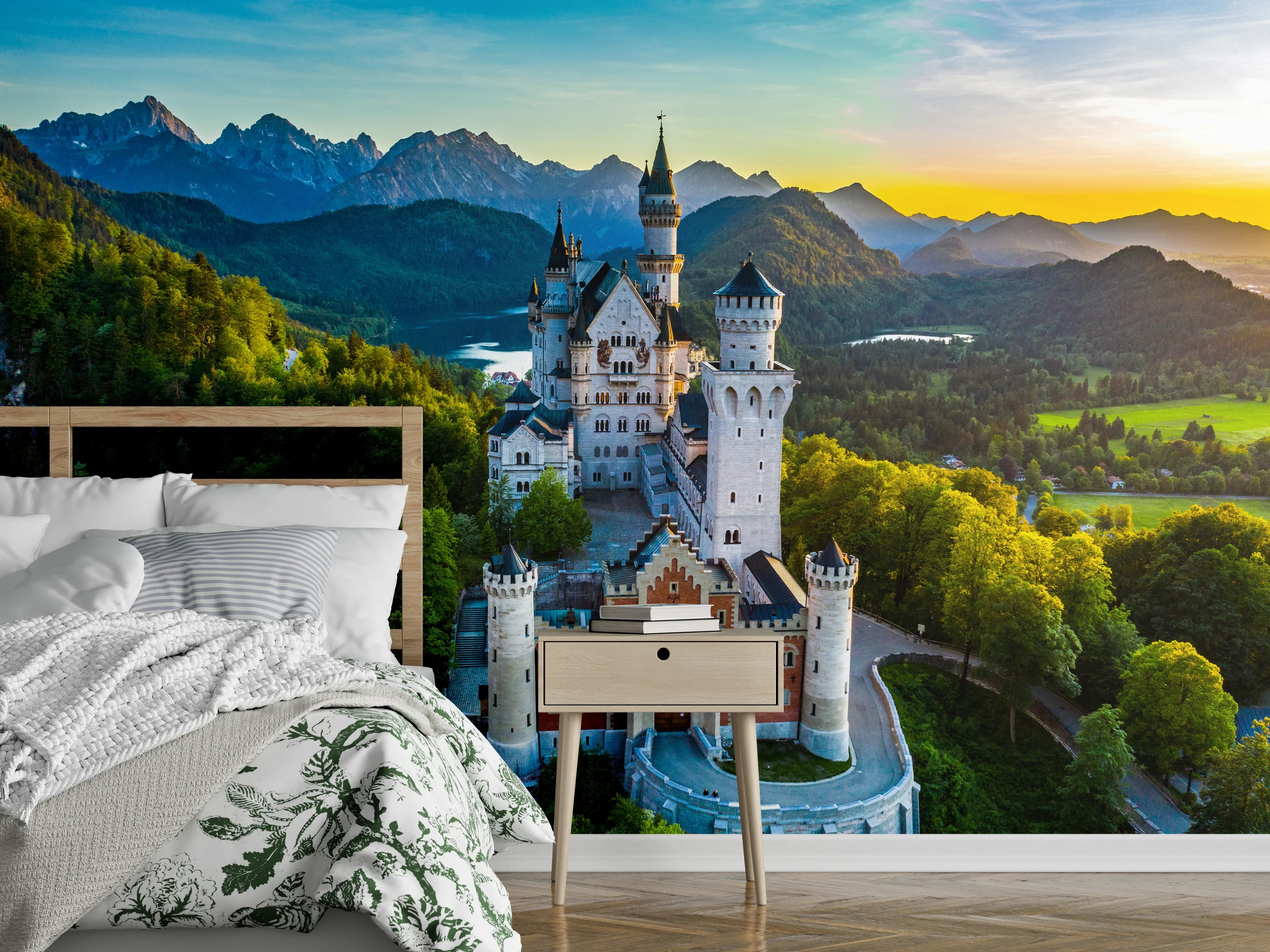 Wandverkleidung Schlafzimmer - Neuschwanstein Schloss Alpen Sonnenaufgang
