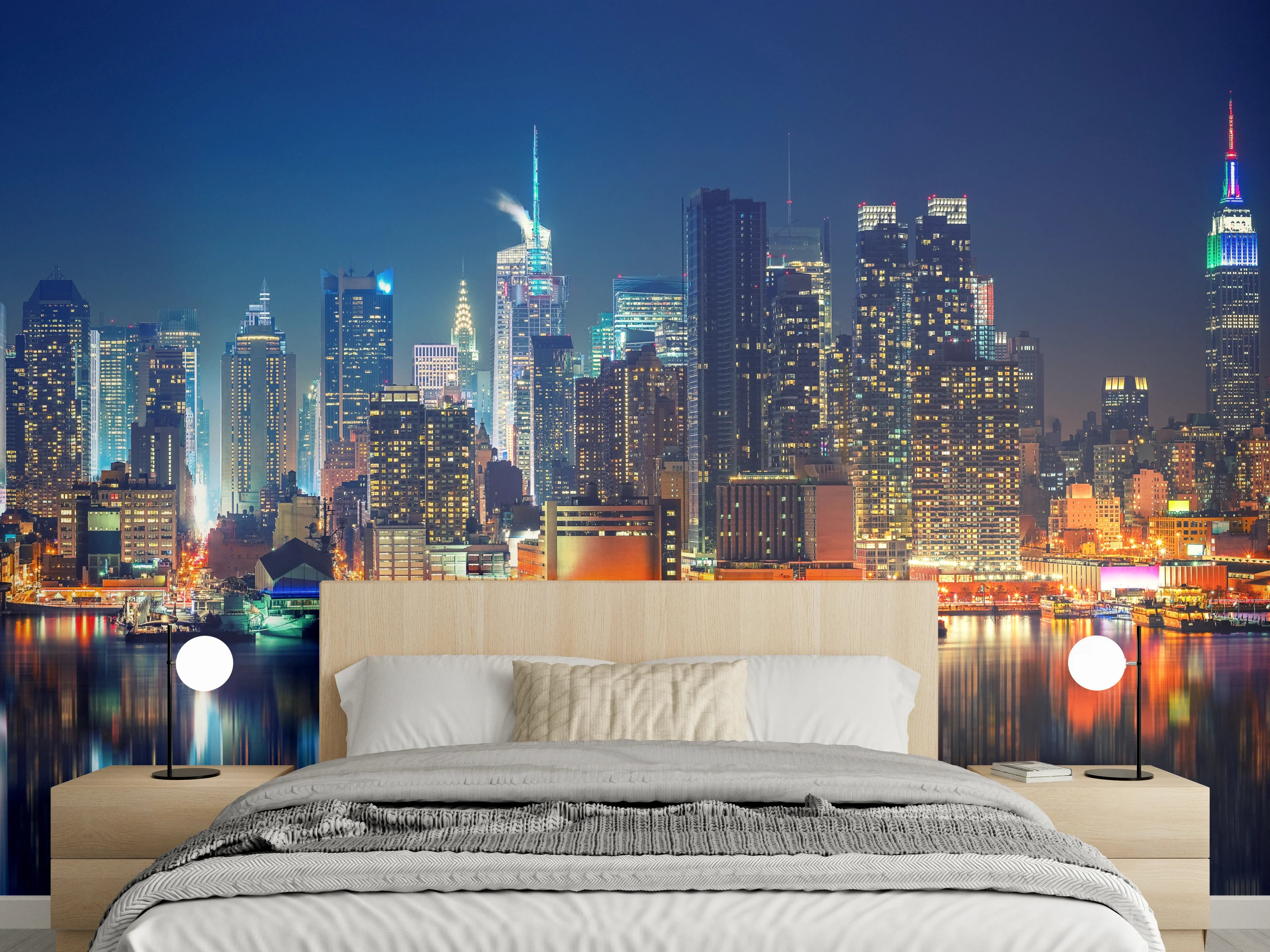 Wandverkleidung Schlafzimmer - New York Skyline bei Nacht Leuchtend