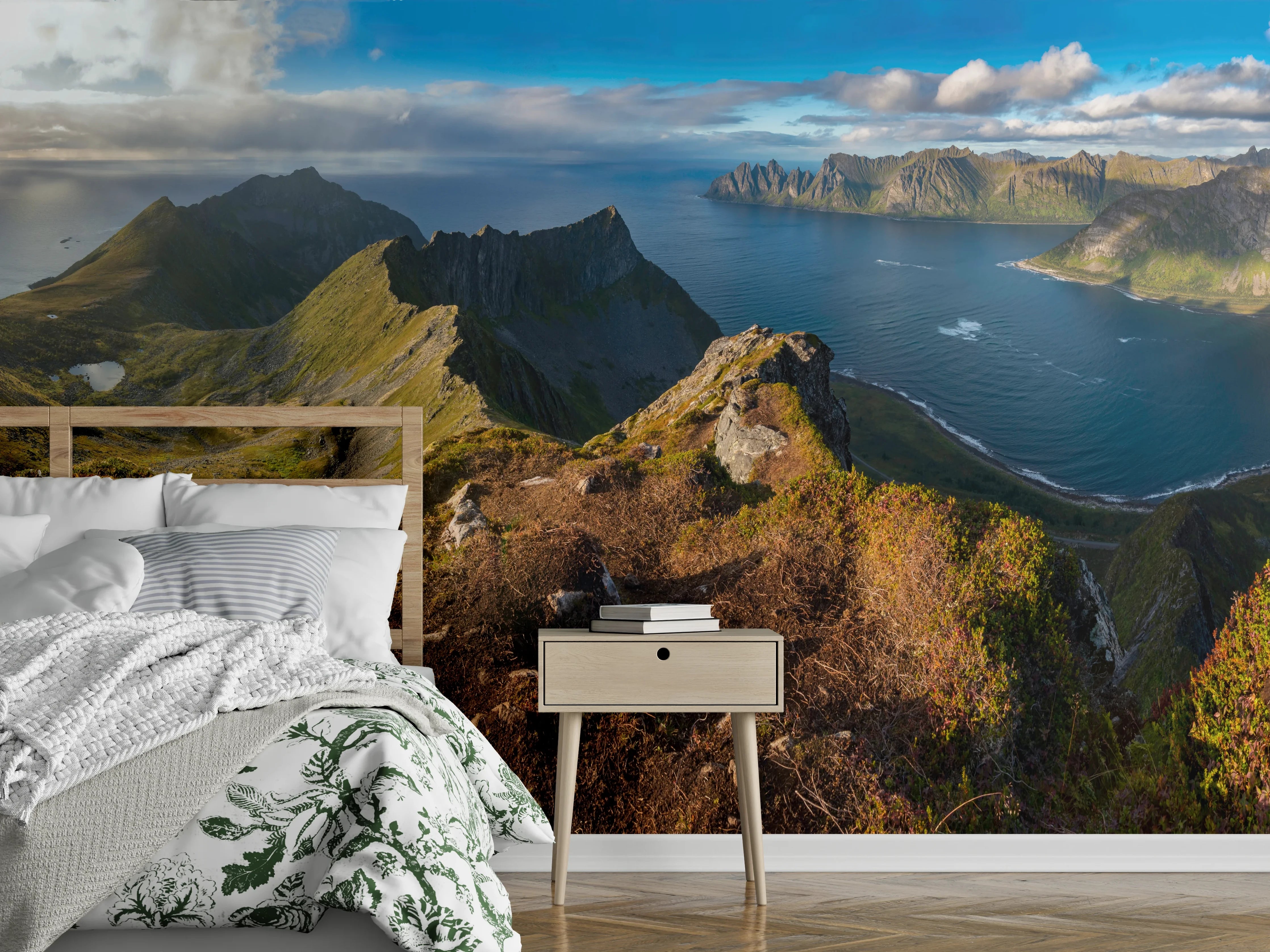 Wandverkleidung Schlafzimmer - Nordisches Küstenpanorama Blau-Grün