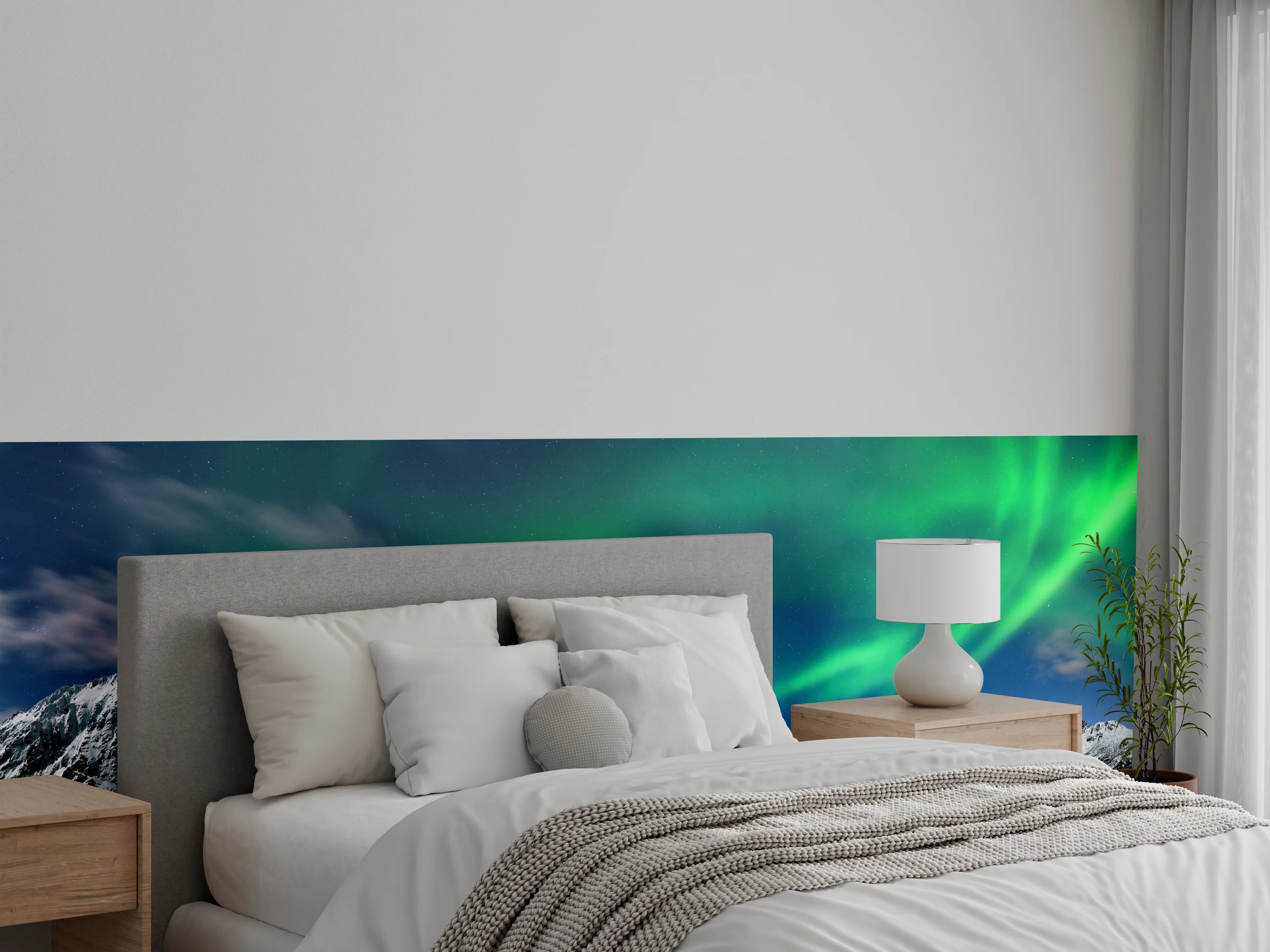 Wandverkleidung Schlafzimmer - Nordlicht über verschneitem Fjord