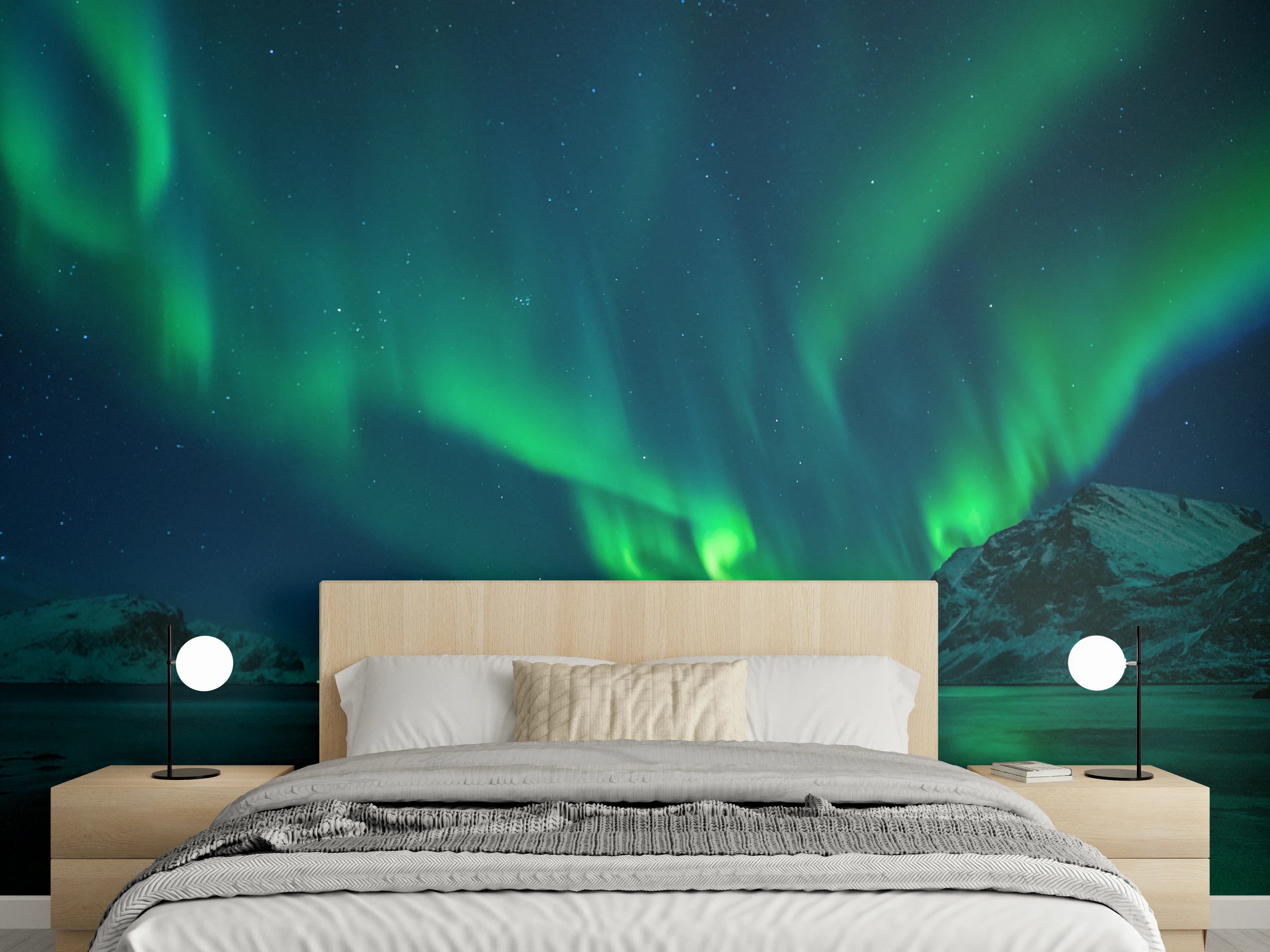 Wandverkleidung Schlafzimmer - Nordlichter Landschaft – Grüne Polarlichter