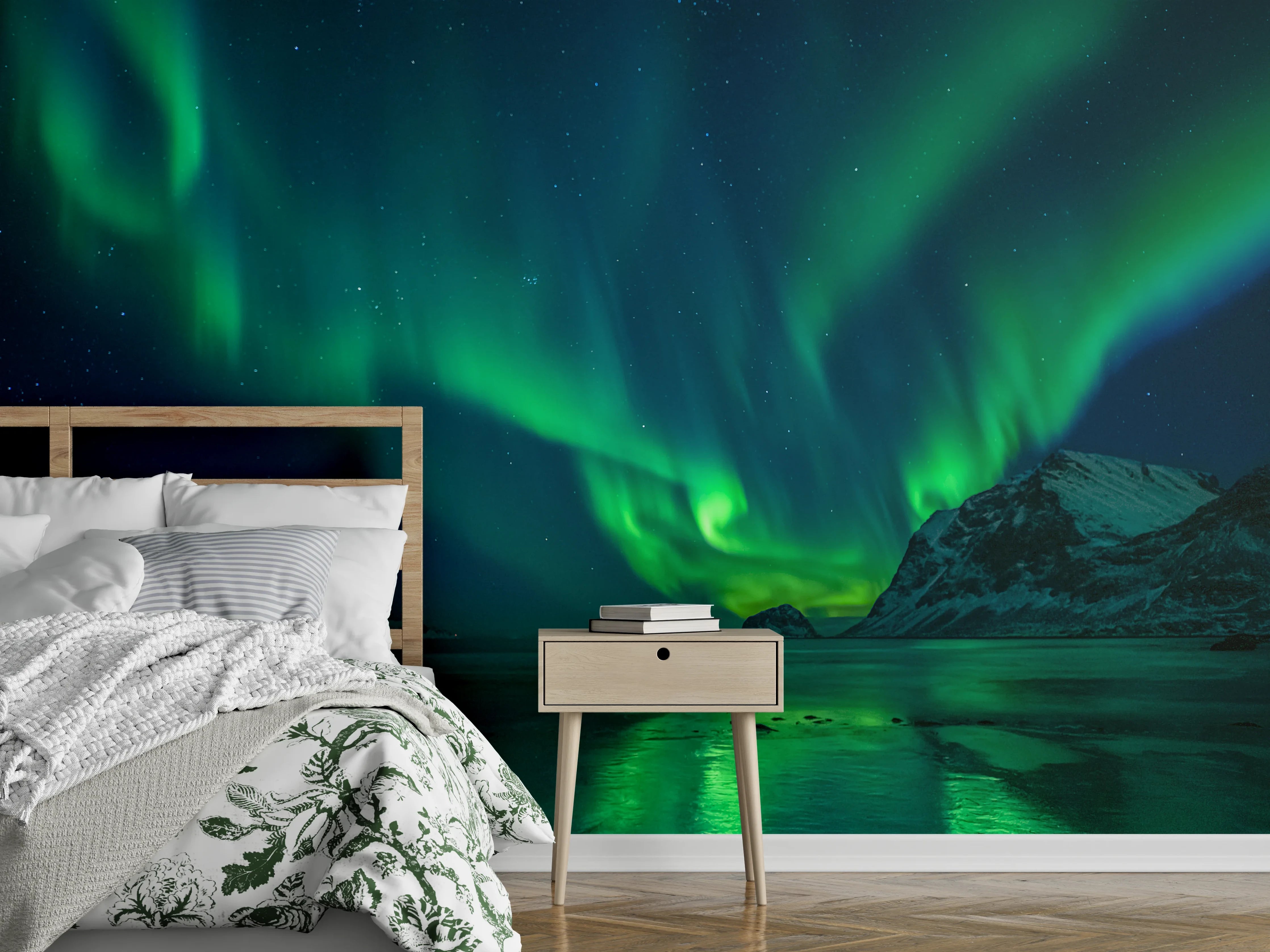 Wandverkleidung Schlafzimmer - Nordlichter Landschaft – Grüne Polarlichter