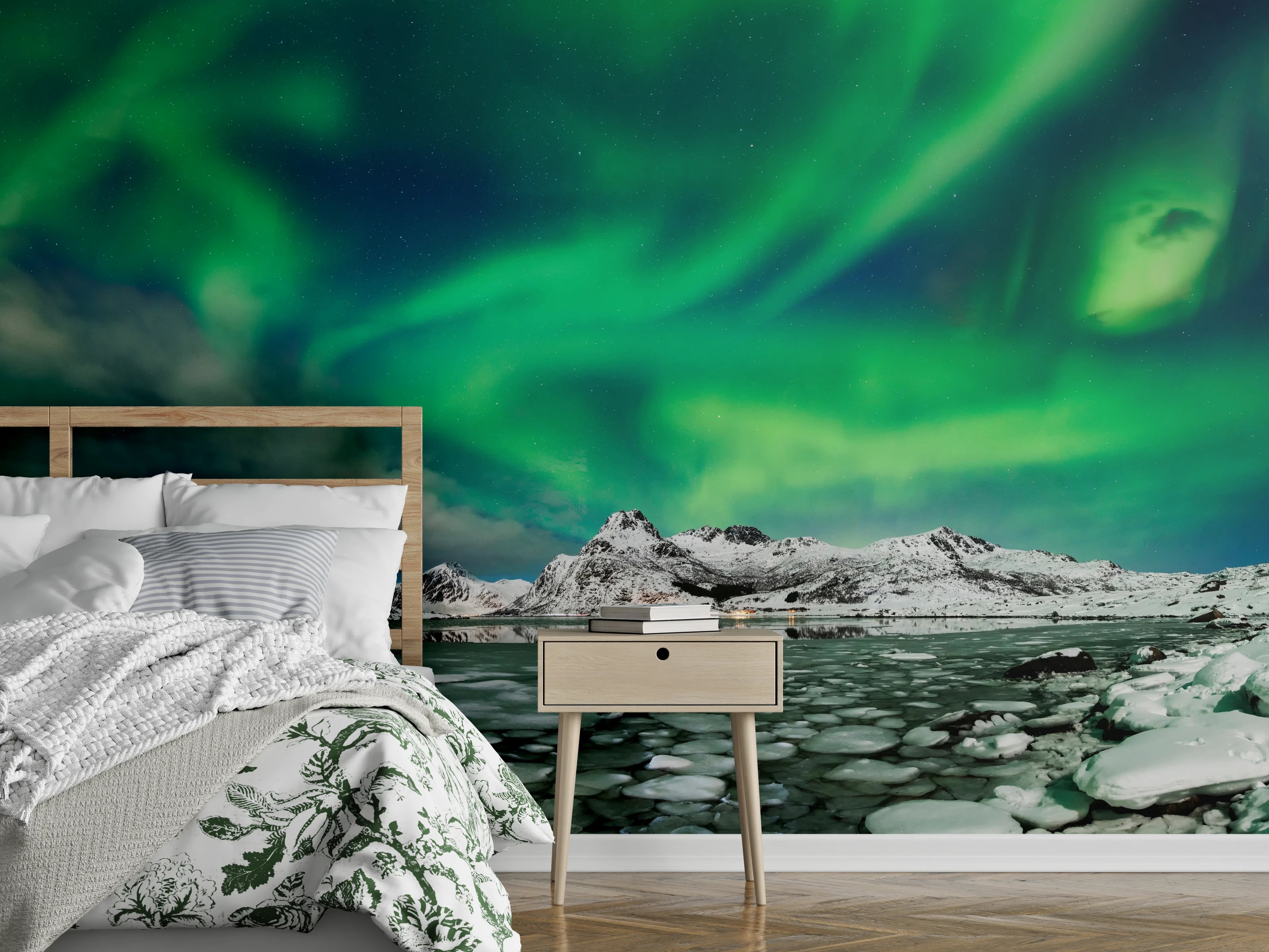 Wandverkleidung Schlafzimmer - Nordlichter über arktischer Küste