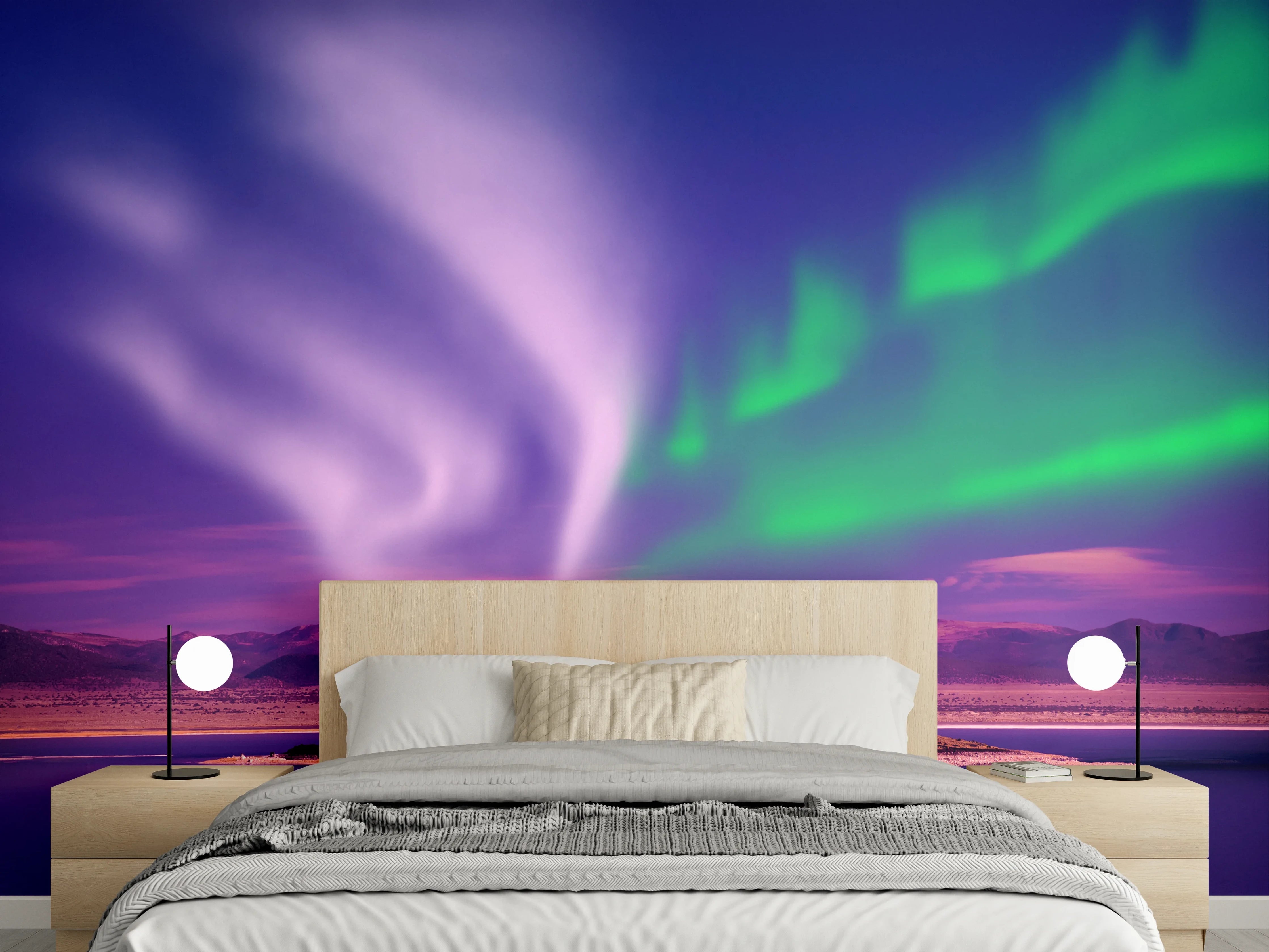 Wandverkleidung Schlafzimmer - Nordlichter über mystischer Insel
