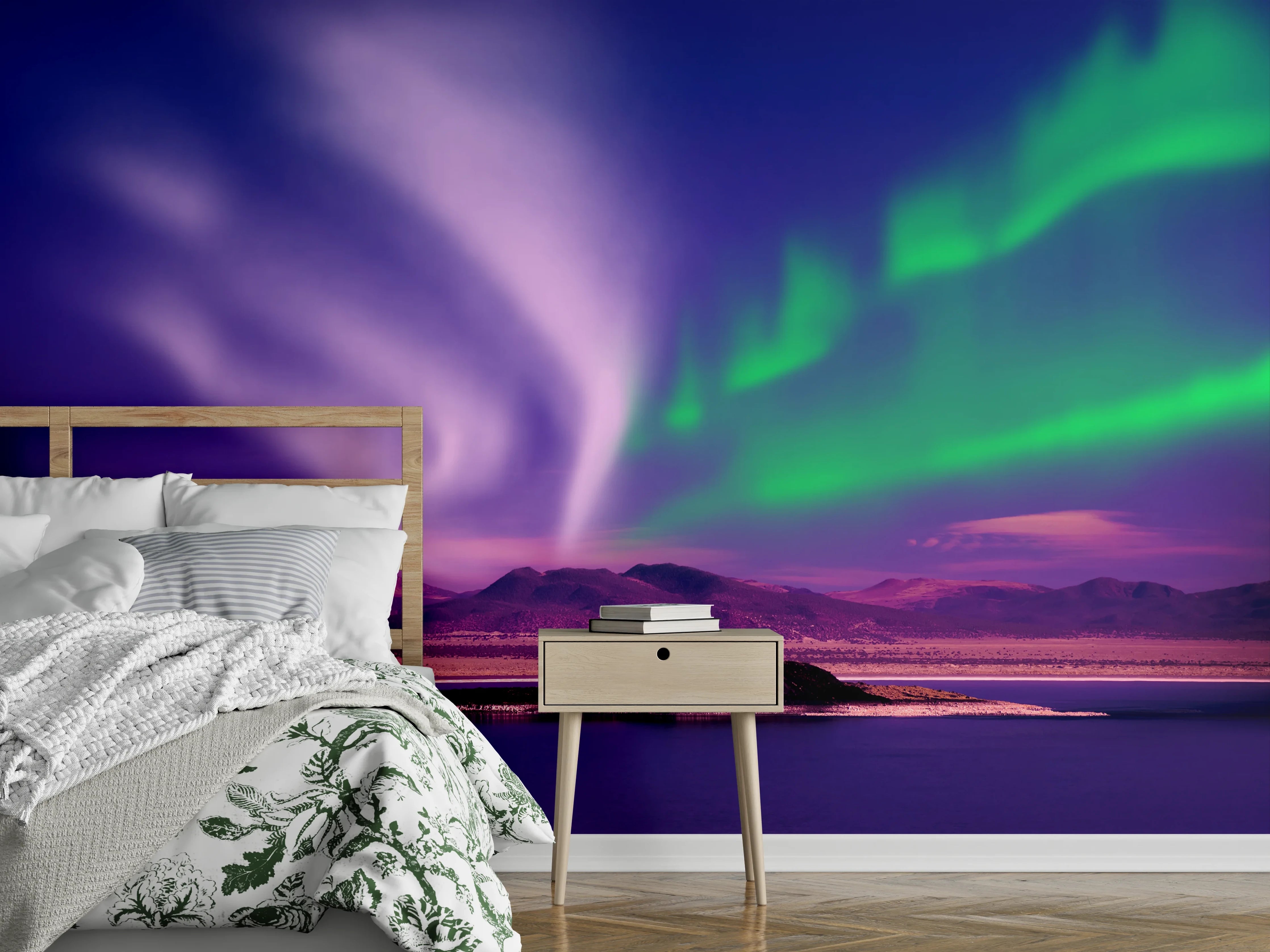 Wandverkleidung Schlafzimmer - Nordlichter über mystischer Insel