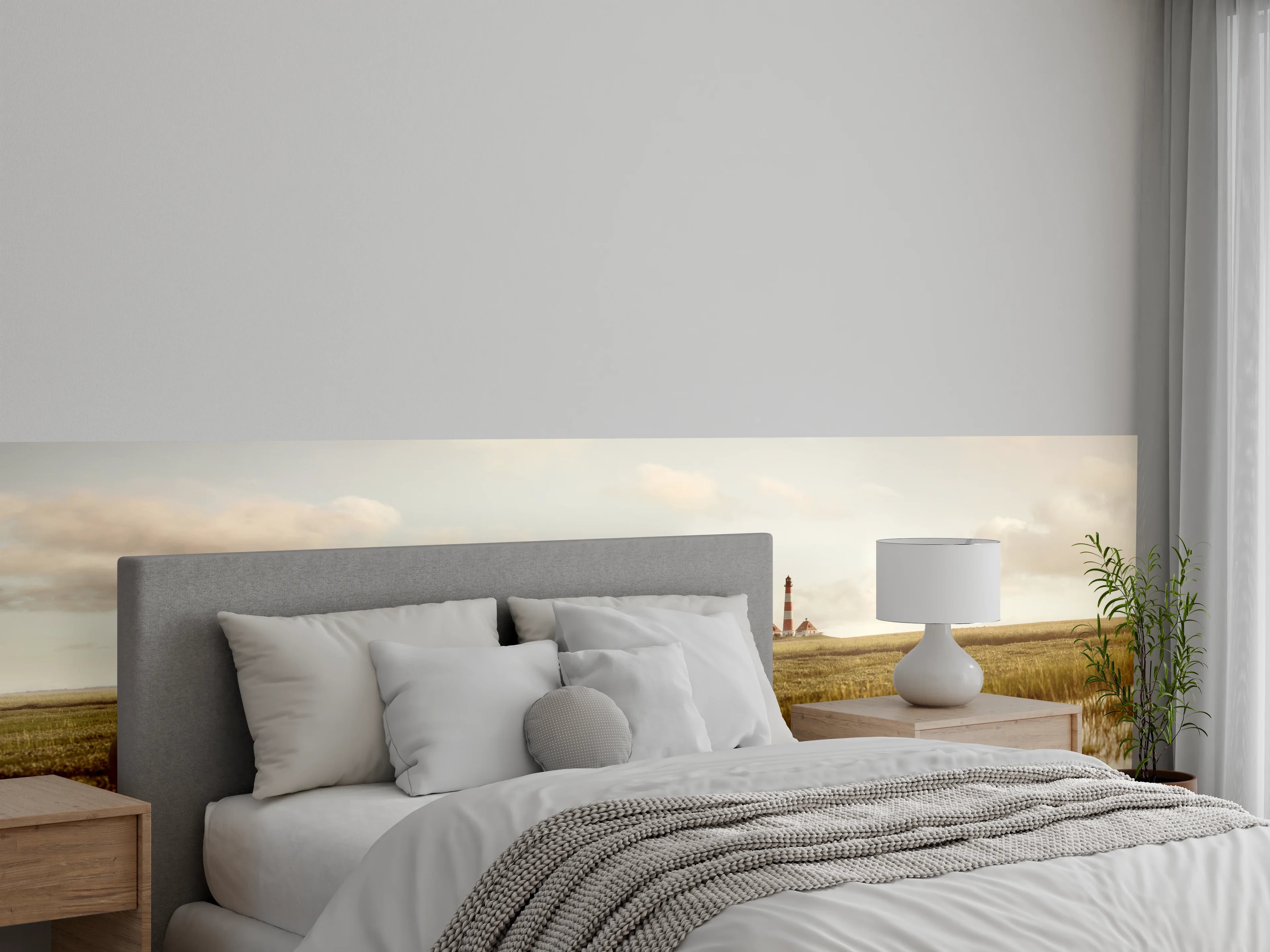 Wandverkleidung Schlafzimmer - Nordsee Leuchtturm mit Schafen Panorama