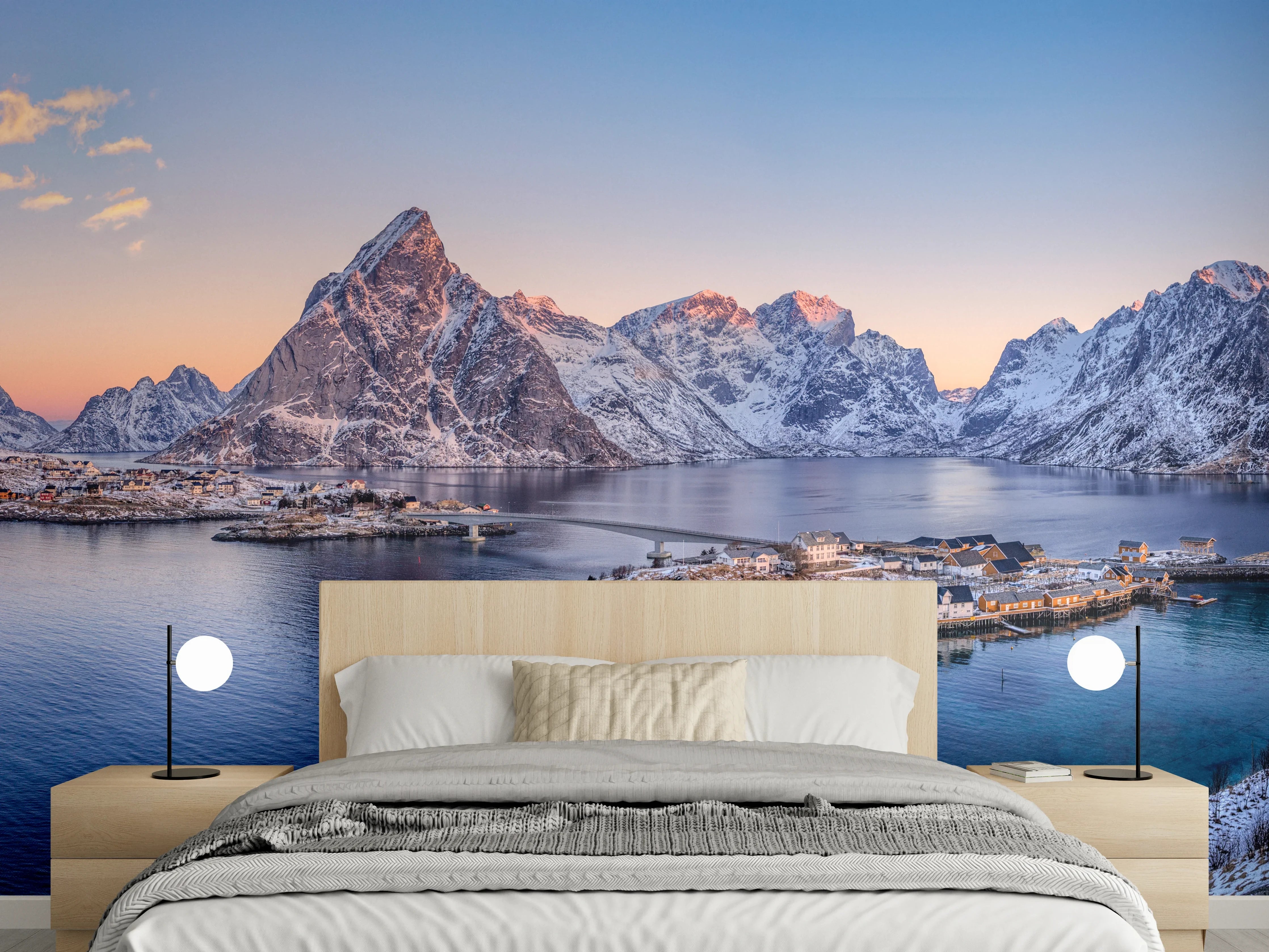 Wandverkleidung Schlafzimmer - Norwegen Fjord Panorama Blau-Weiß