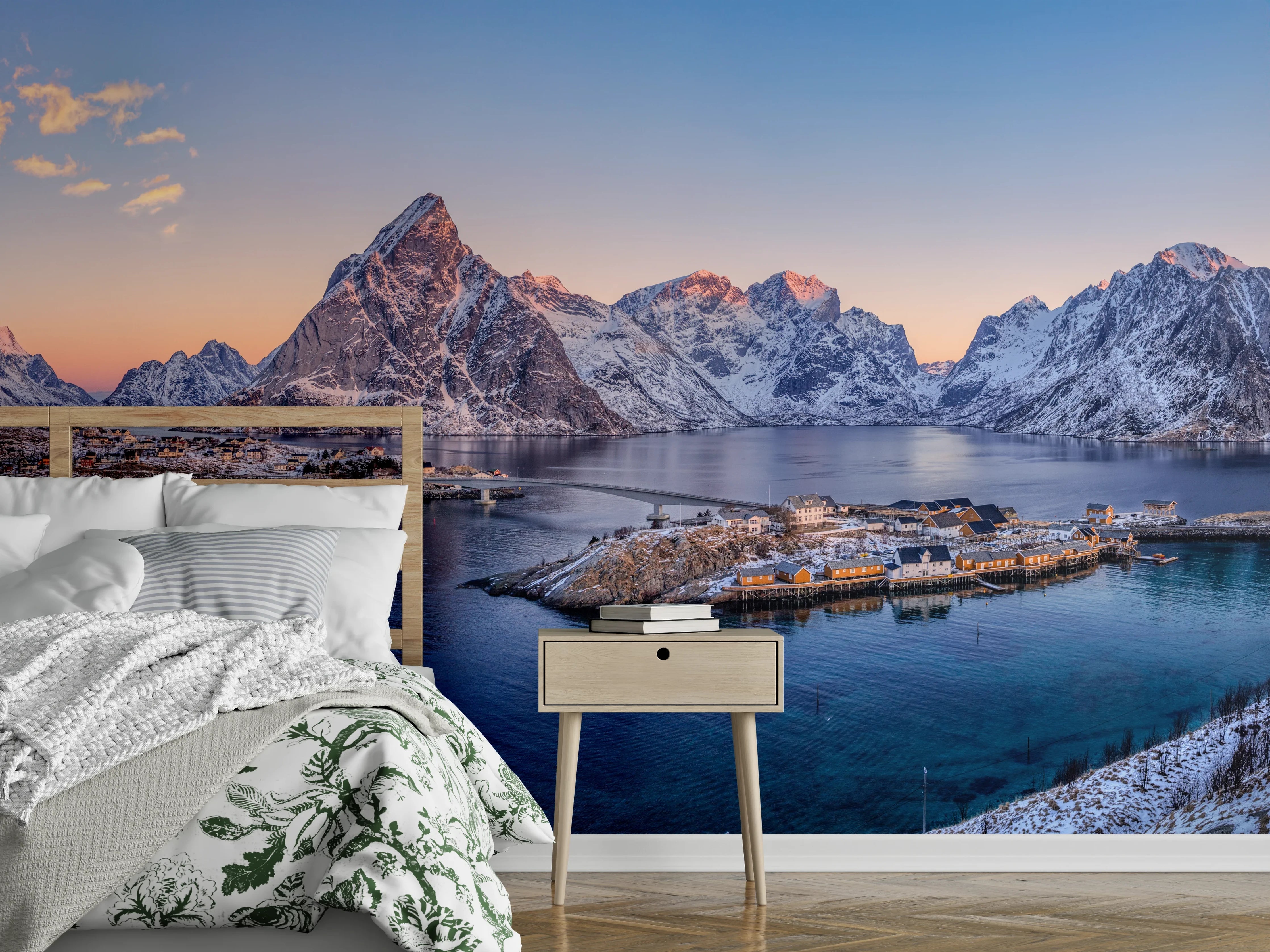 Wandverkleidung Schlafzimmer - Norwegen Fjord Panorama Blau-Weiß