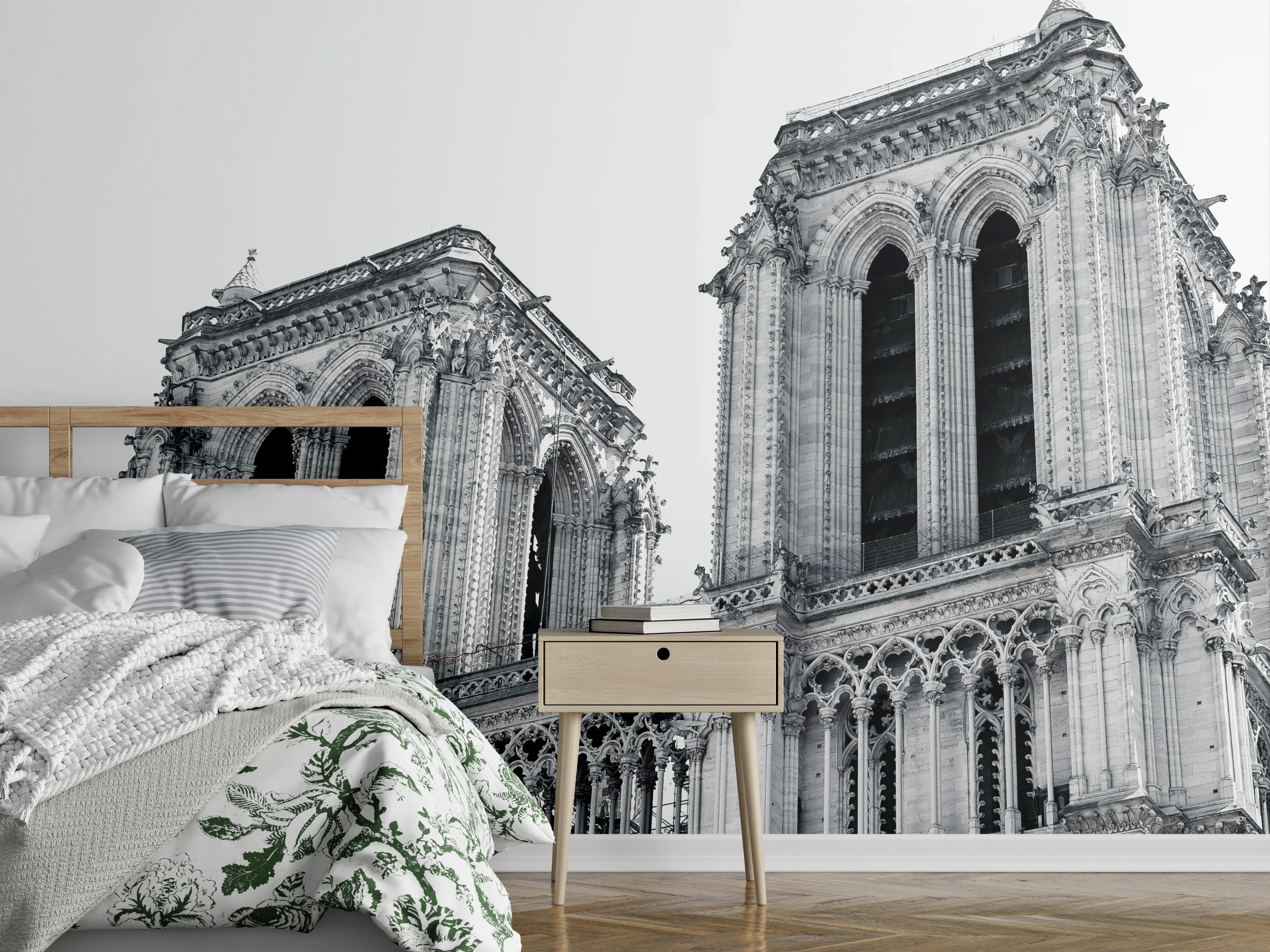 Wandverkleidung Schlafzimmer - Notre-Dame Schwarz-Weiß Architekturmotiv
