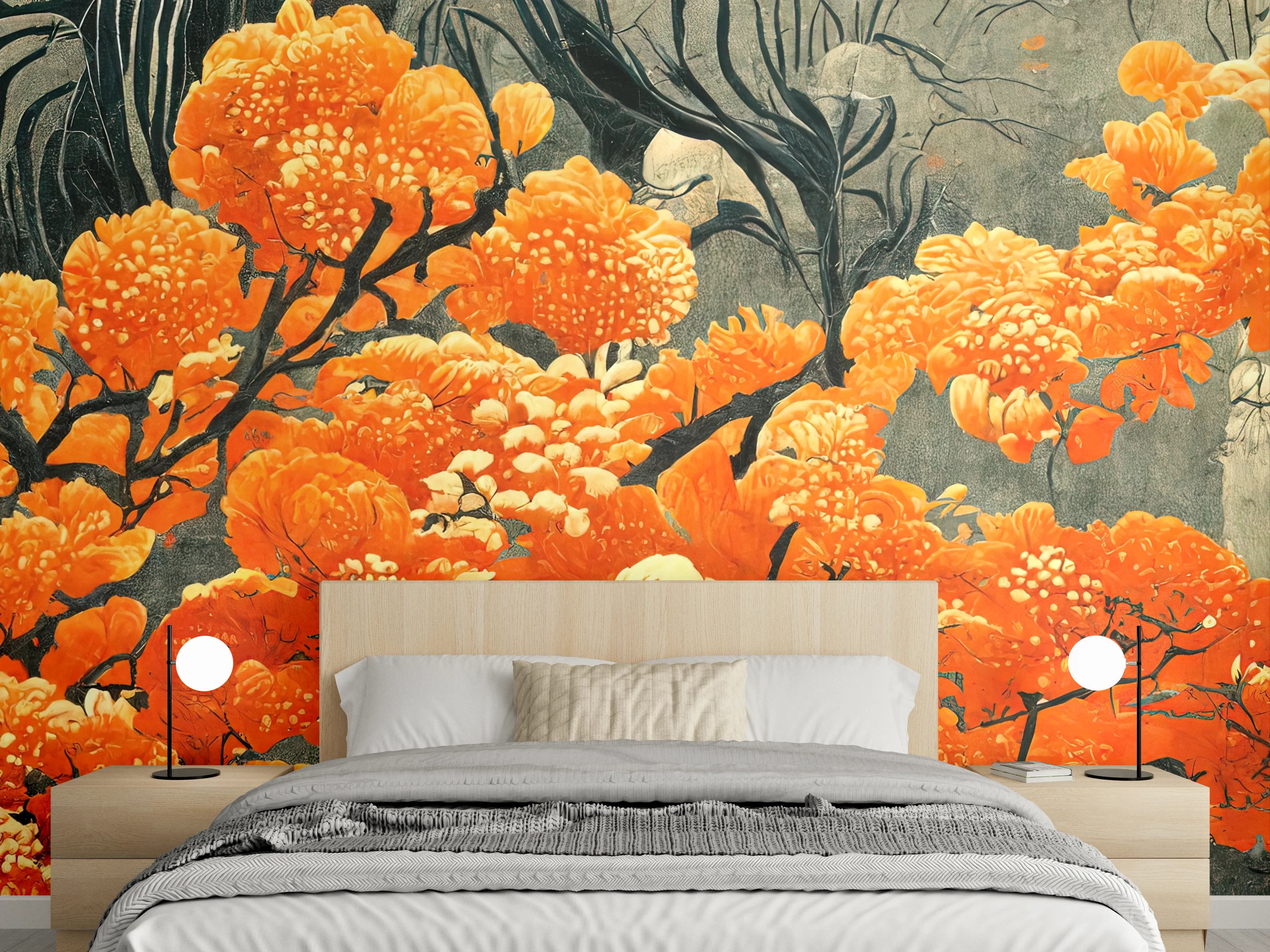 Wandverkleidung Schlafzimmer - Orange Chrysanthemen Kunst Wandbild