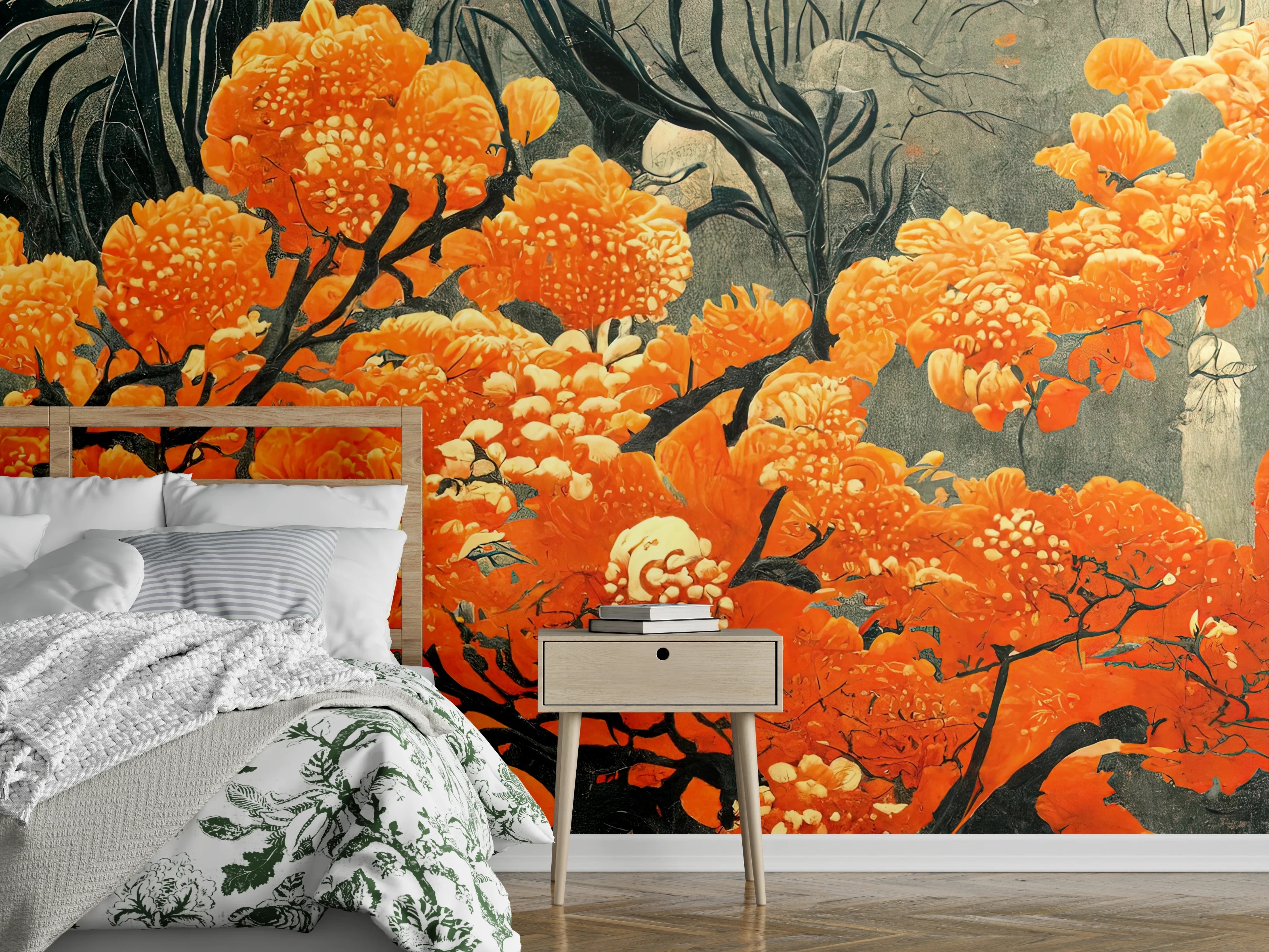 Wandverkleidung Schlafzimmer - Orange Chrysanthemen Kunst Wandbild