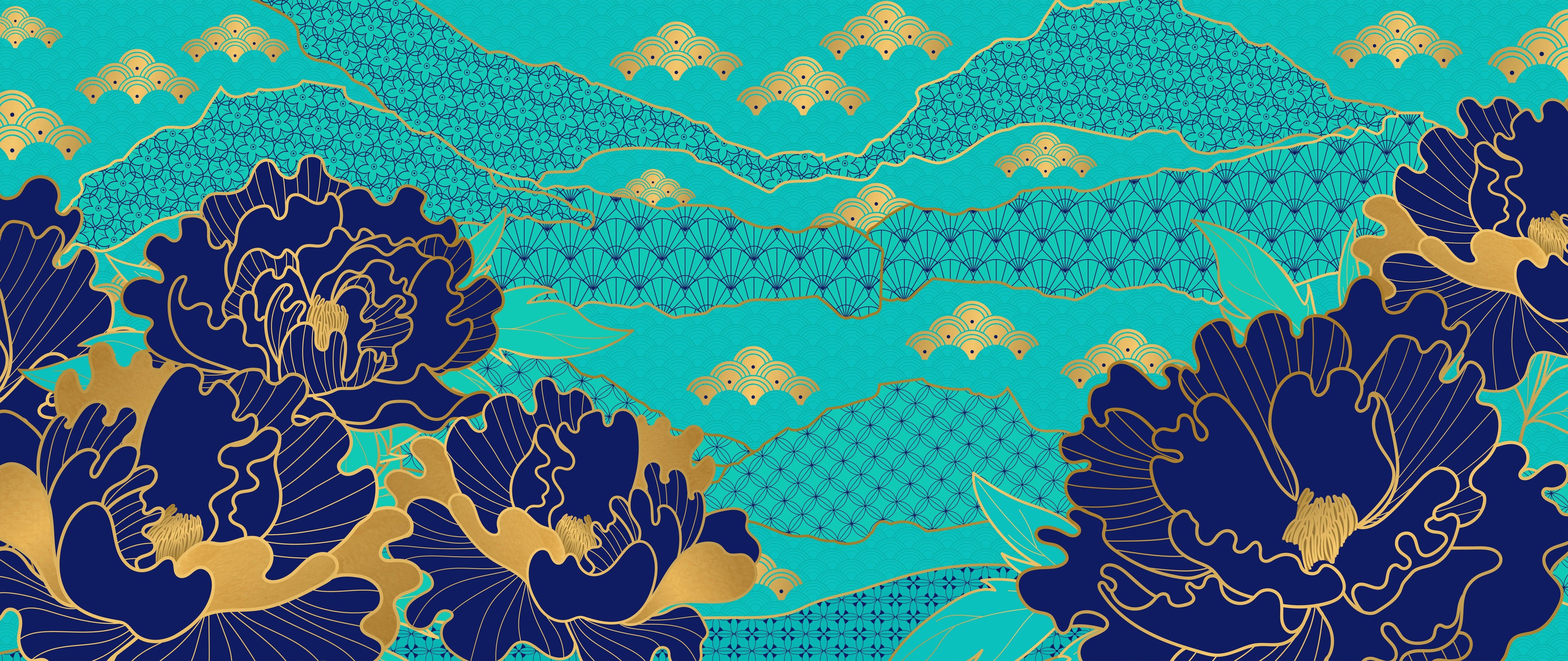 Wandverkleidung Schlafzimmer-Orientalisch-Blauer Blumen-Digitaldruck