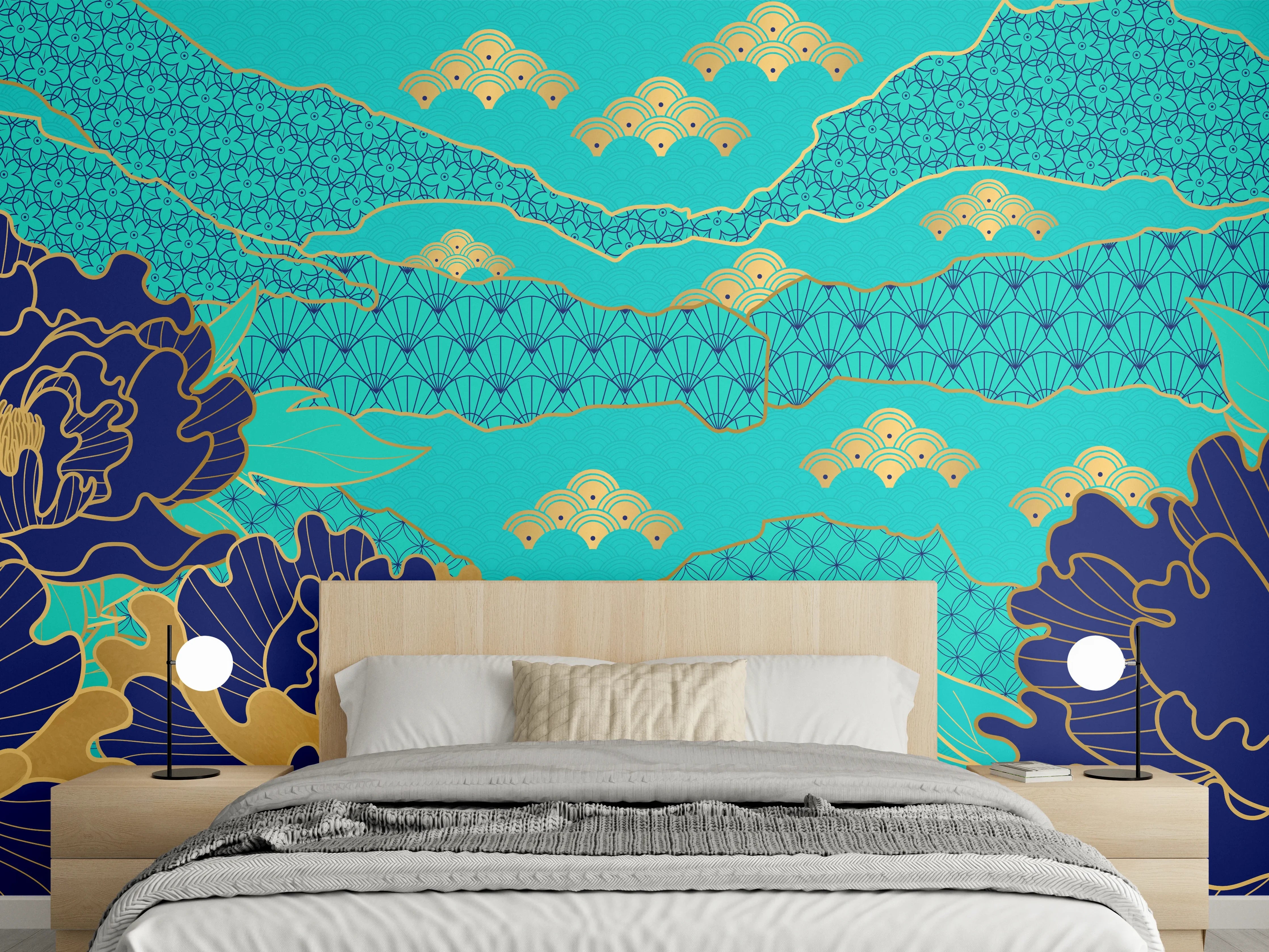 Wandverkleidung Schlafzimmer - Orientalisch-Blauer Blumen-Digitaldruck