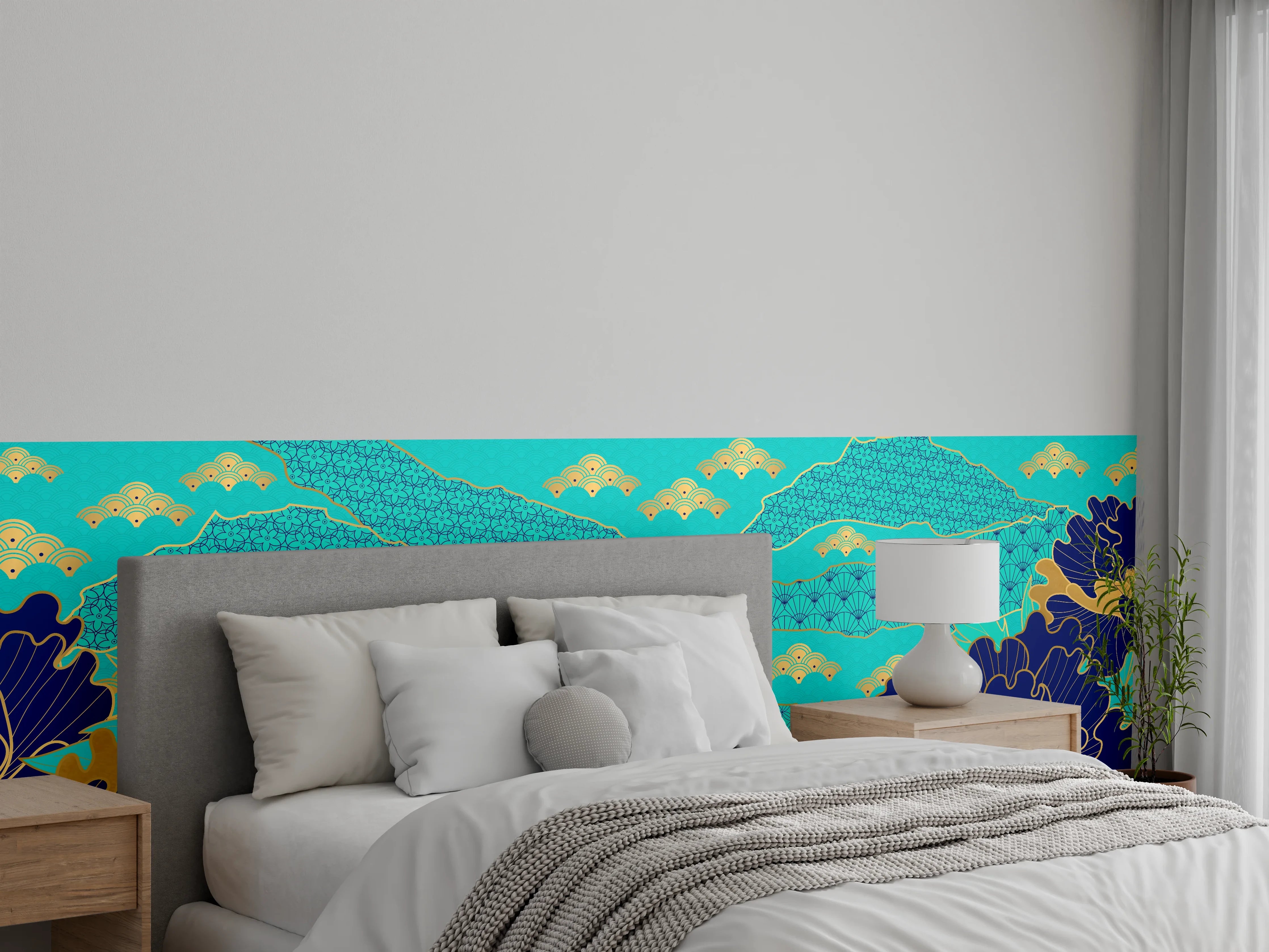 Wandverkleidung Schlafzimmer - Orientalisch-Blauer Blumen-Digitaldruck