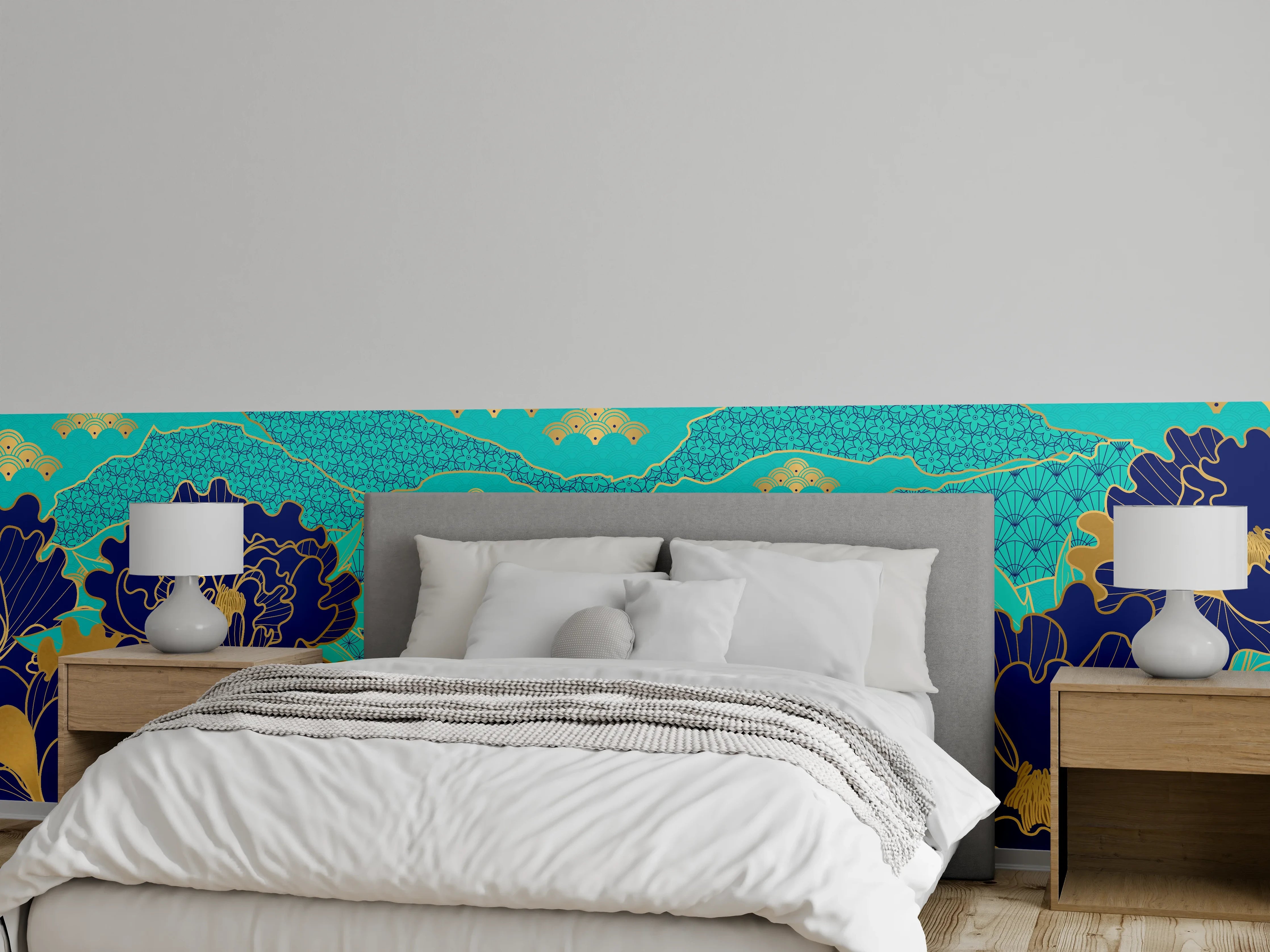Wandverkleidung Schlafzimmer - Orientalisch-Blauer Blumen-Digitaldruck