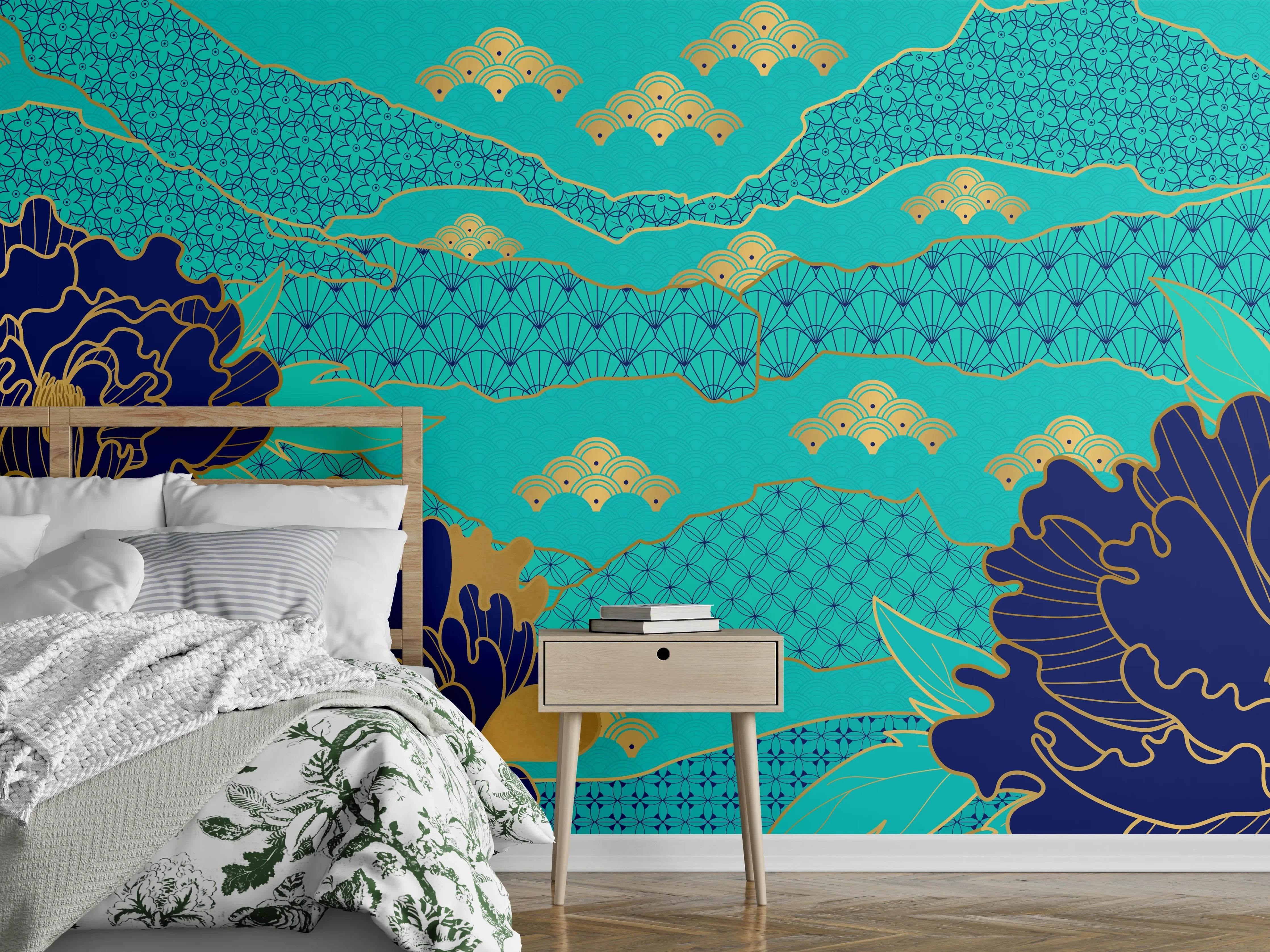 Wandverkleidung Schlafzimmer - Orientalisch-Blauer Blumen-Digitaldruck