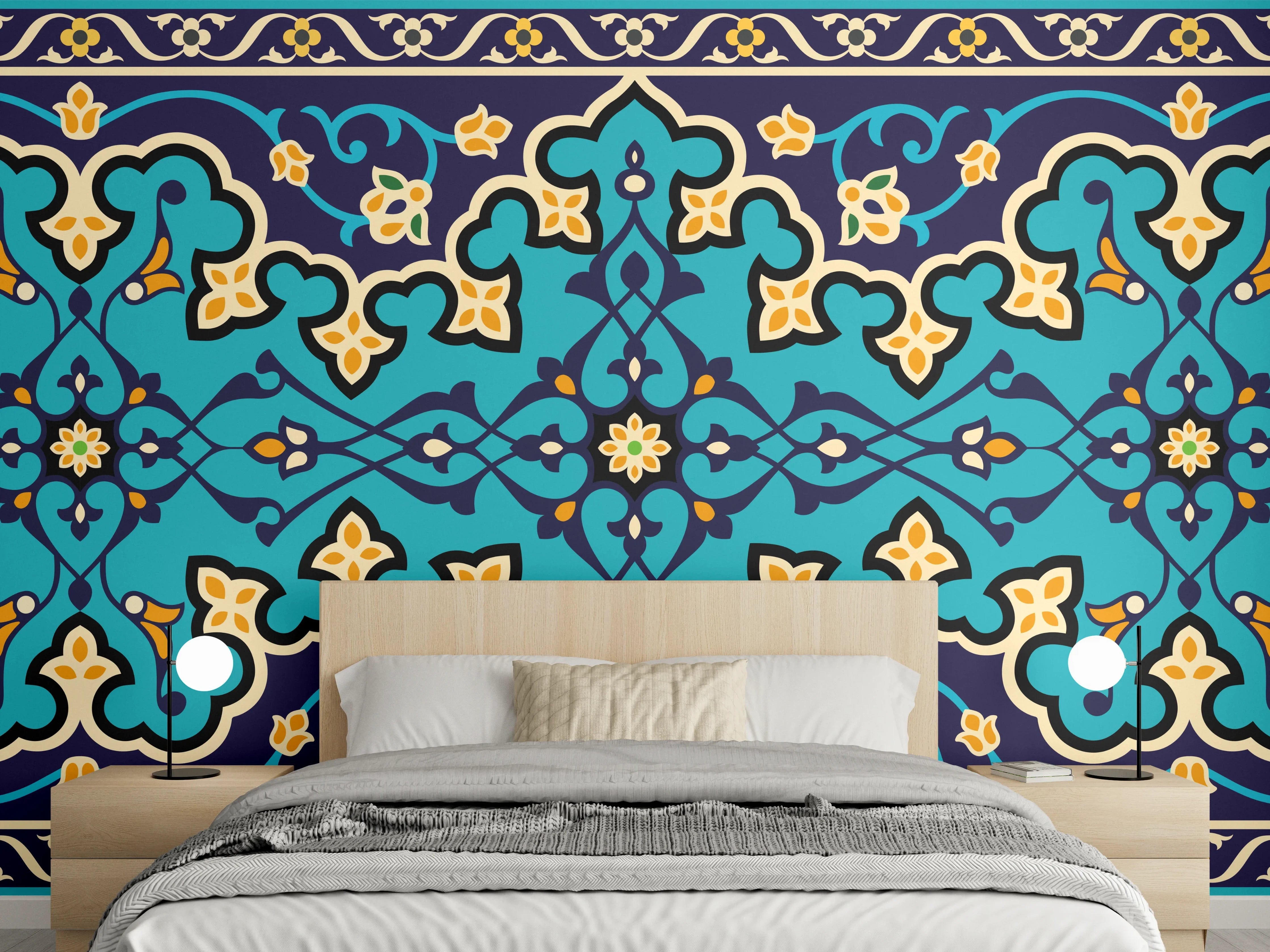 Wandverkleidung Schlafzimmer - Orientalisches Blau-Gold Muster