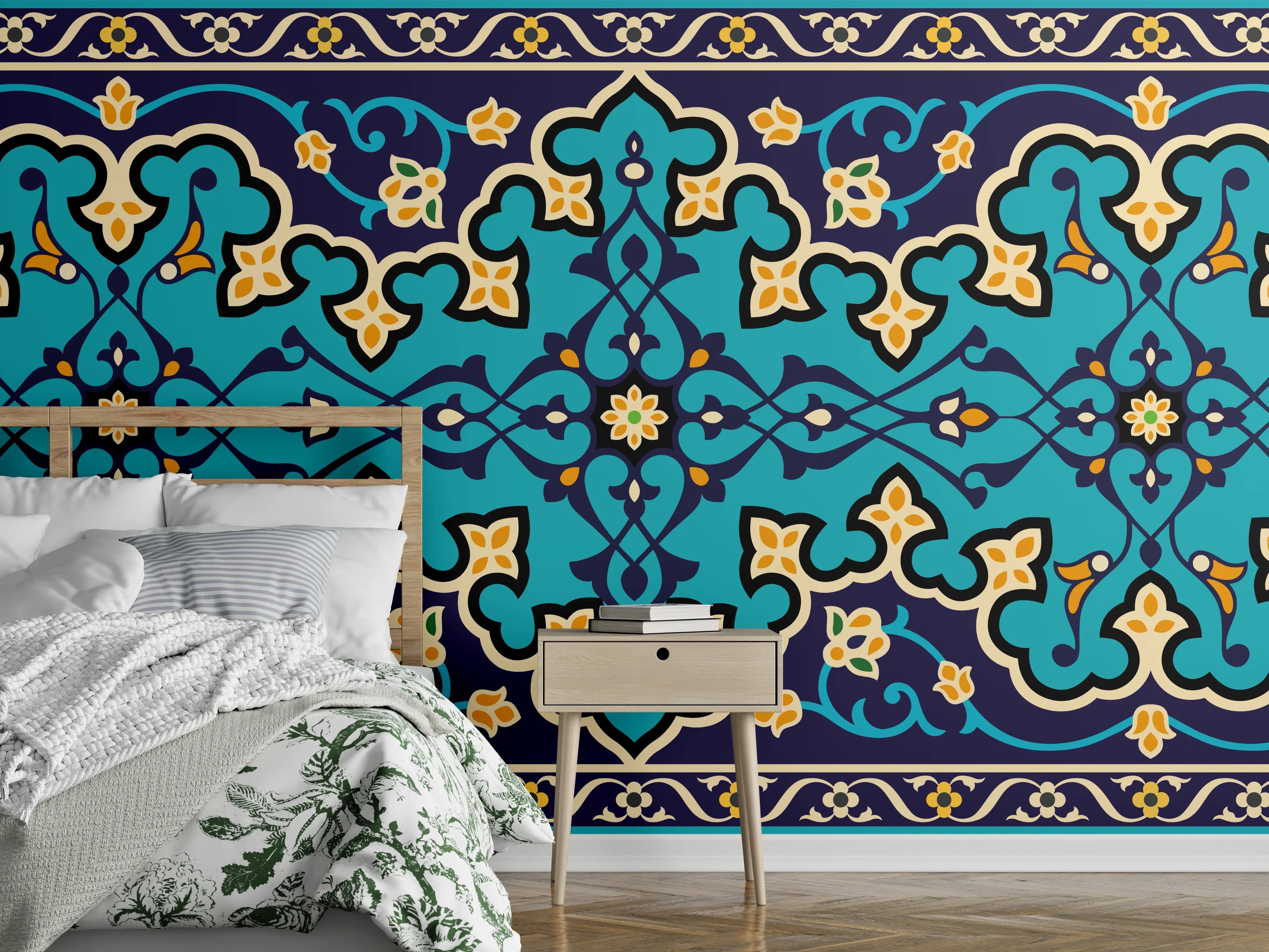 Wandverkleidung Schlafzimmer - Orientalisches Blau-Gold Muster