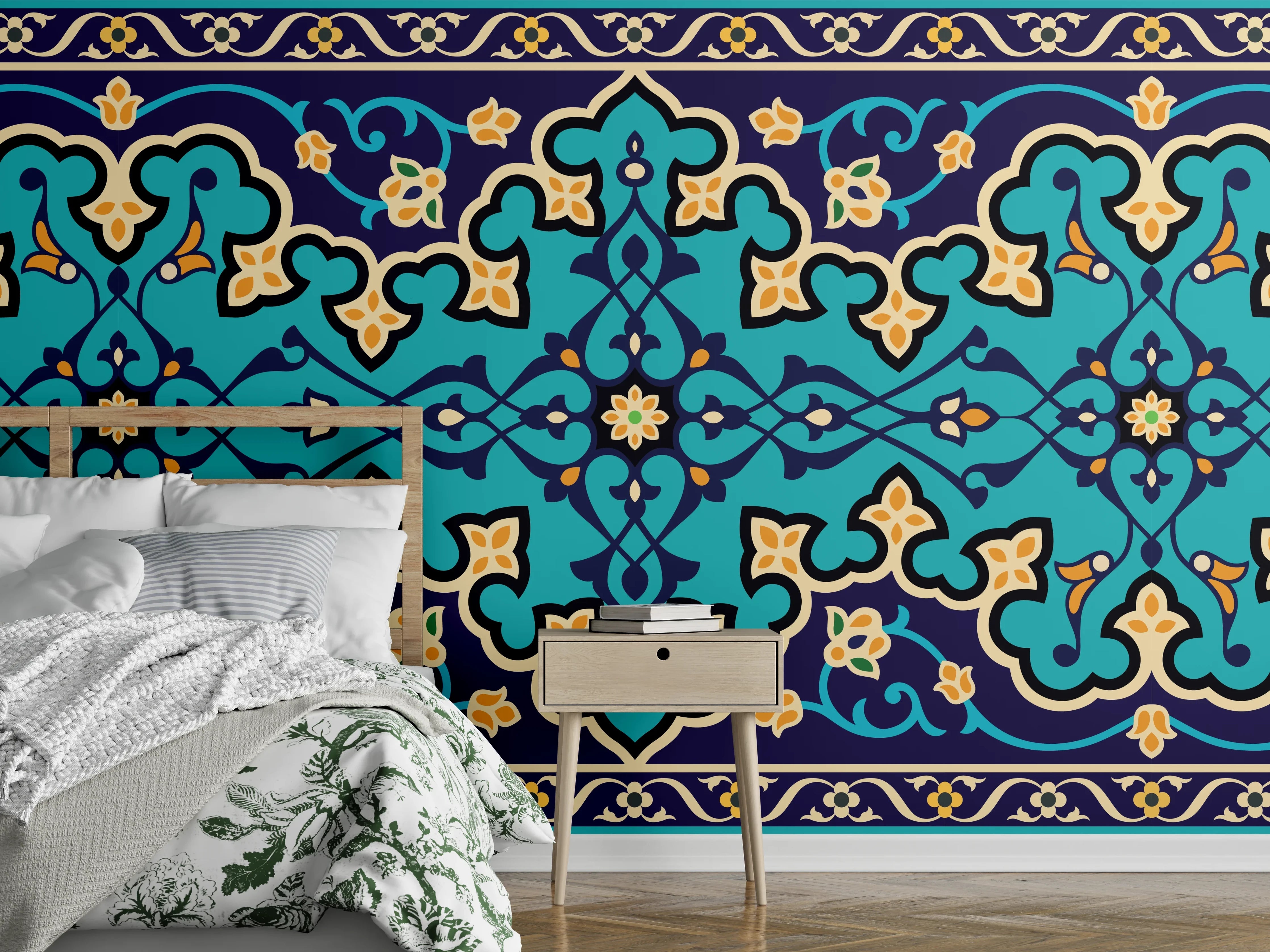 Wandverkleidung Schlafzimmer - Orientalisches Blau-Türkis Muster