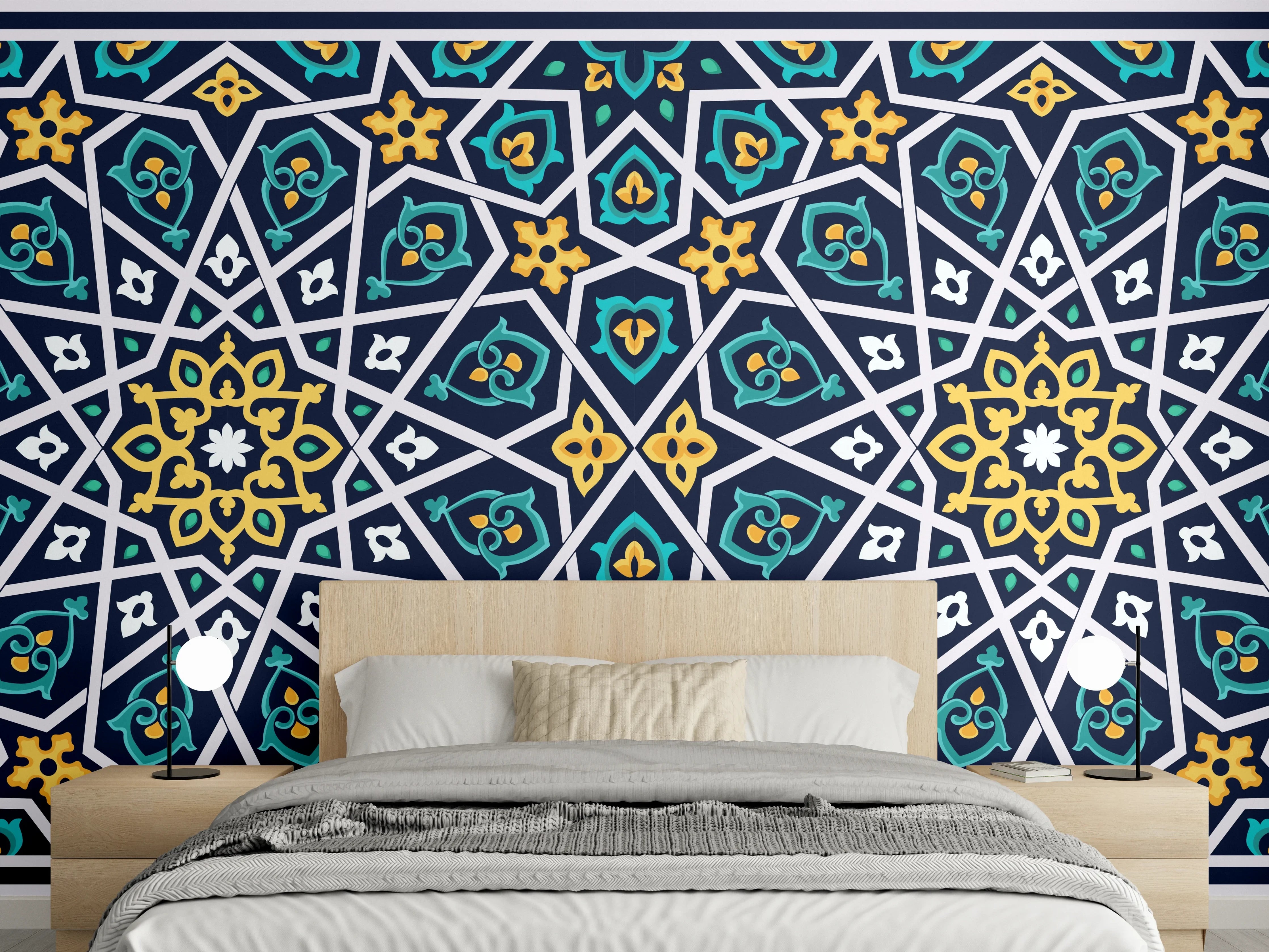 Wandverkleidung Schlafzimmer - Orientalisches Fliesenmuster Blau