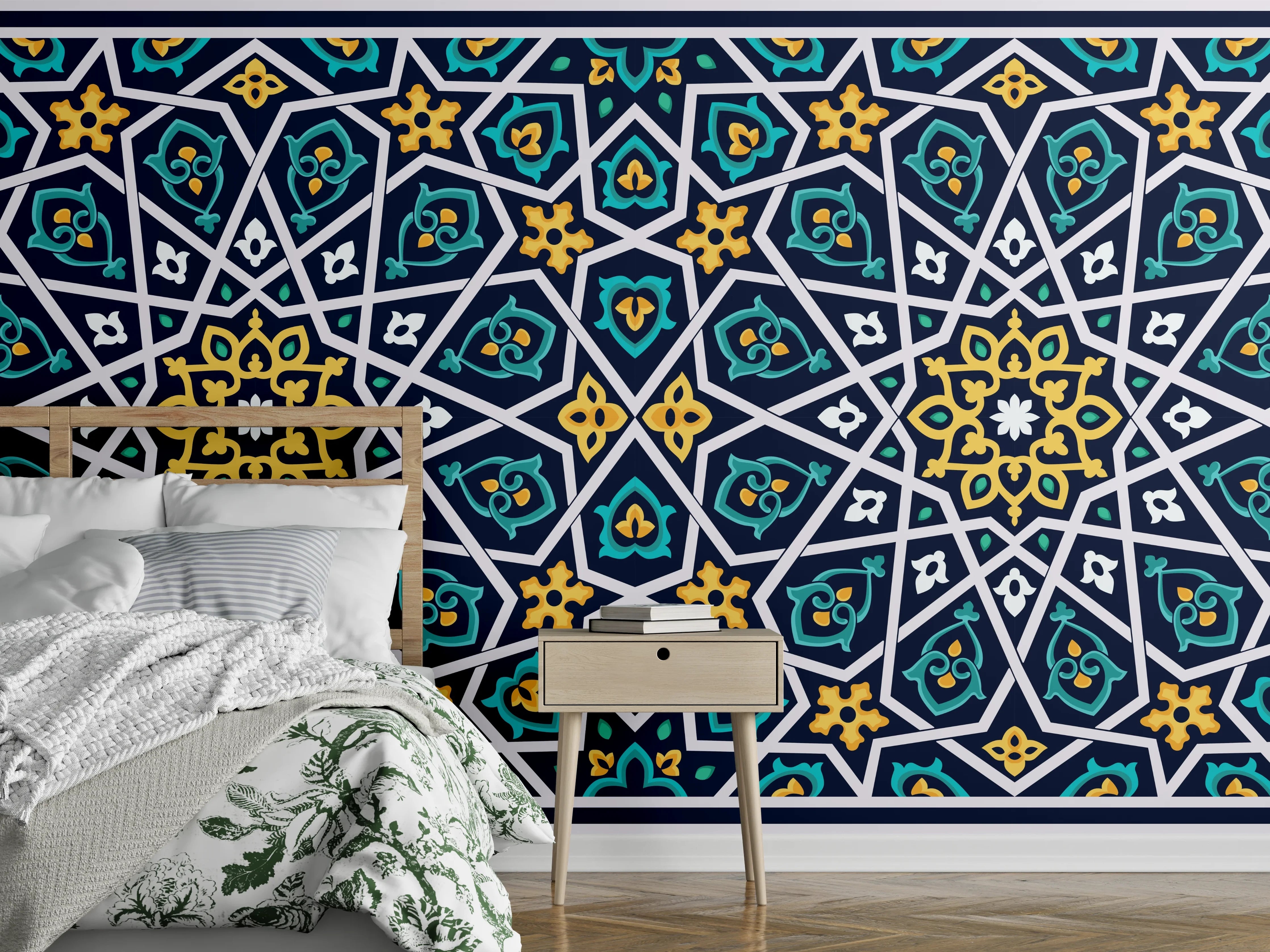 Wandverkleidung Schlafzimmer - Orientalisches Fliesenmuster Blau