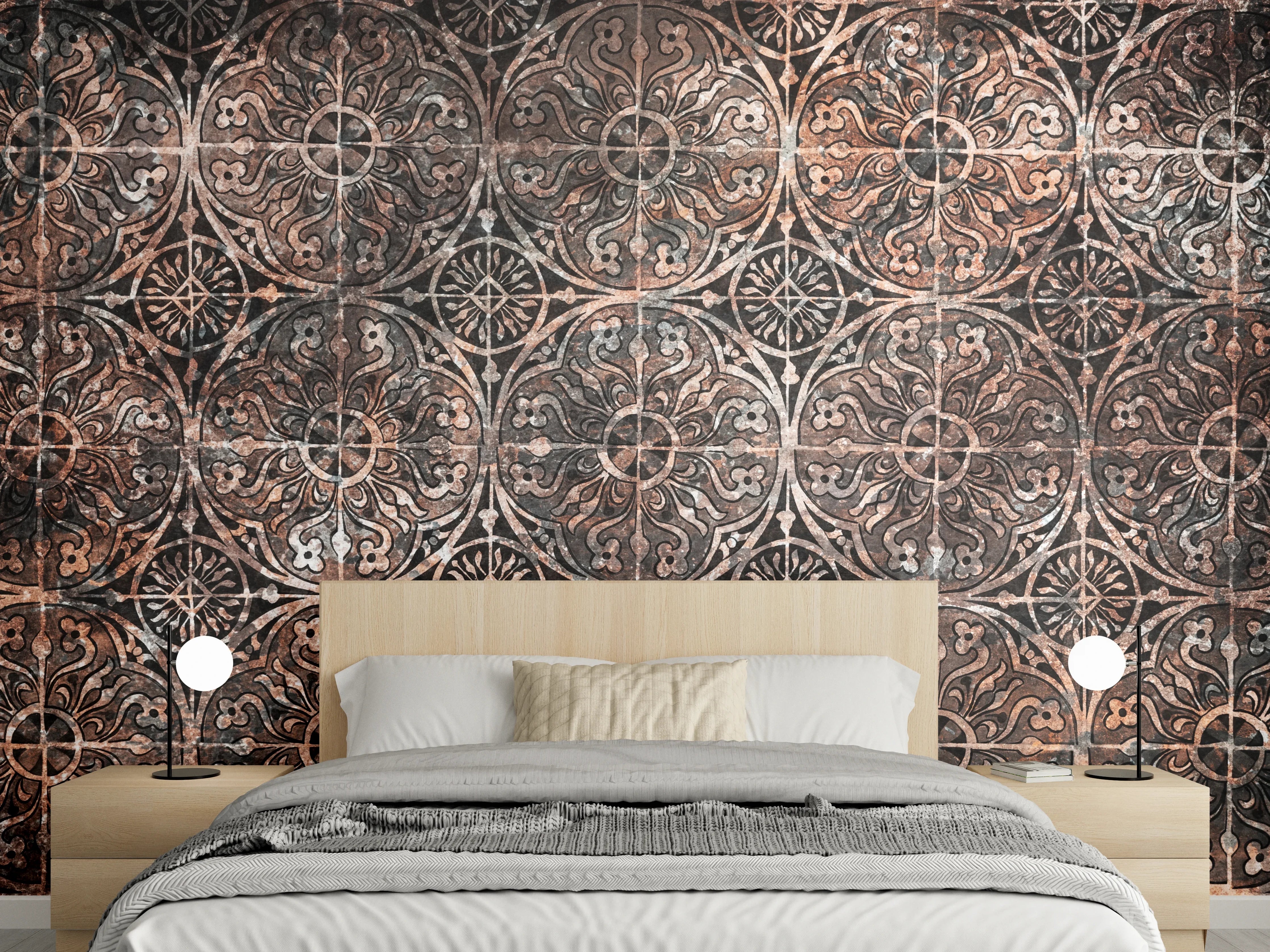 Wandverkleidung Schlafzimmer - Orientalisches Fliesenmuster in warmen Brauntönen