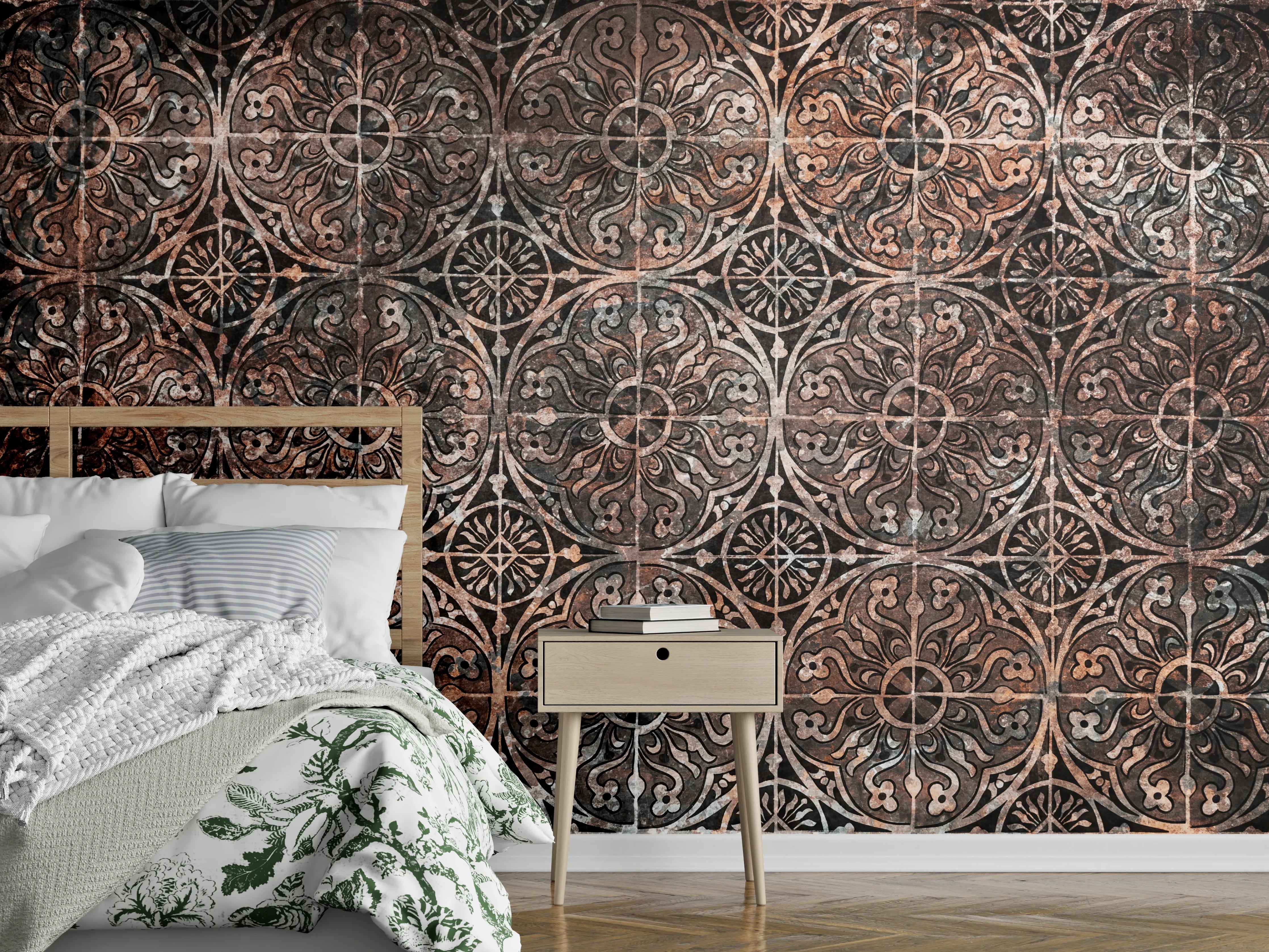 Wandverkleidung Schlafzimmer - Orientalisches Fliesenmuster in warmen Brauntönen