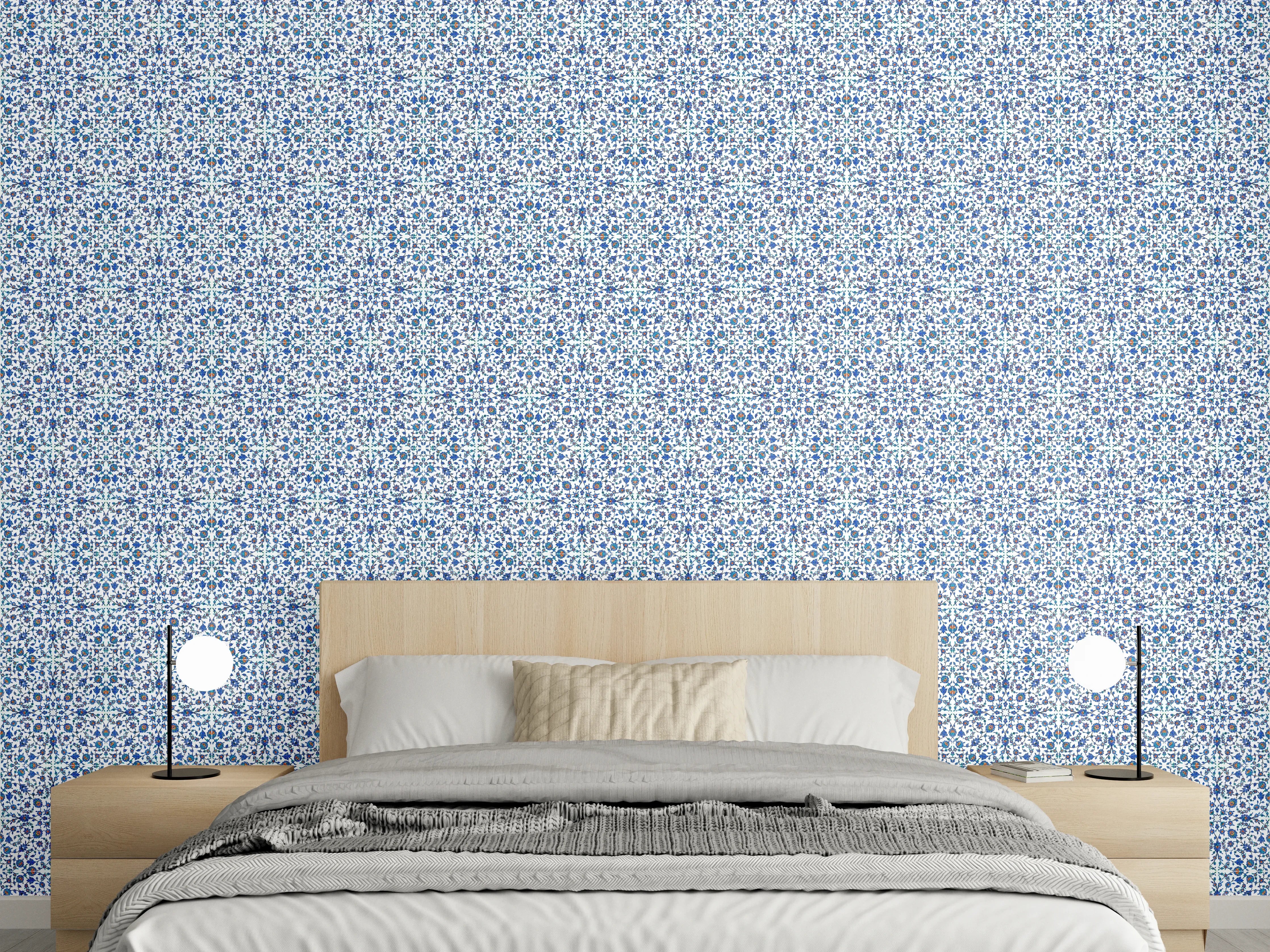 Wandverkleidung Schlafzimmer - Orientalisches Kachelmuster Blau-Weiß